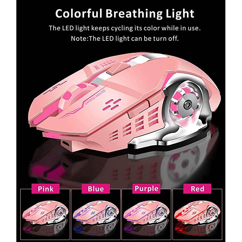 T85 Rechargeable Wireless Mouse 24G Ergonomic Silent Gaming Mice Portable Optical with USB Receiver 3 Adjustable DPI 6 Buttons LED Lights Compatible with LaptopPCChromebook Pink