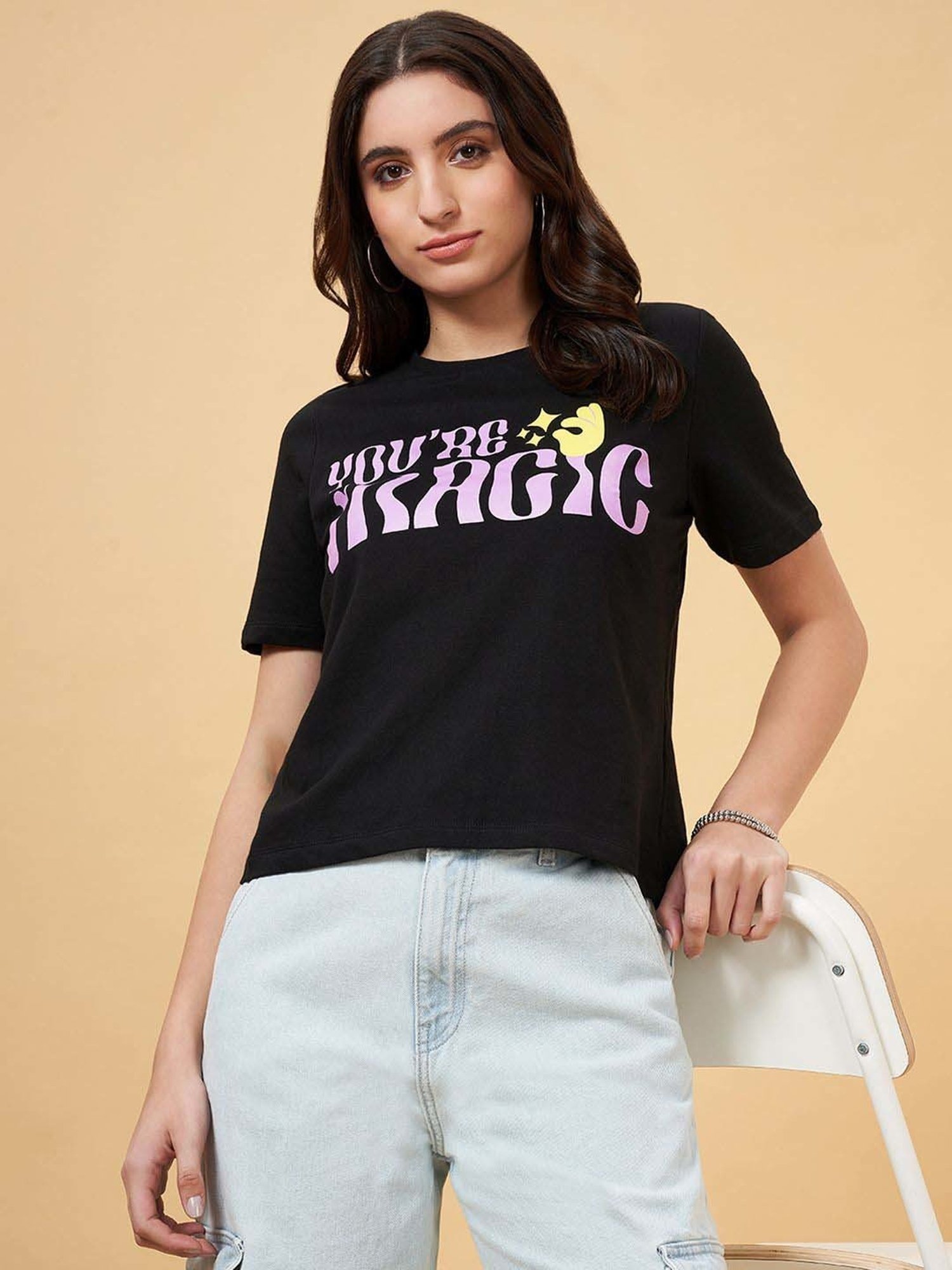 People by Pantaloons Jet Black Cotton Printed T-Shirt