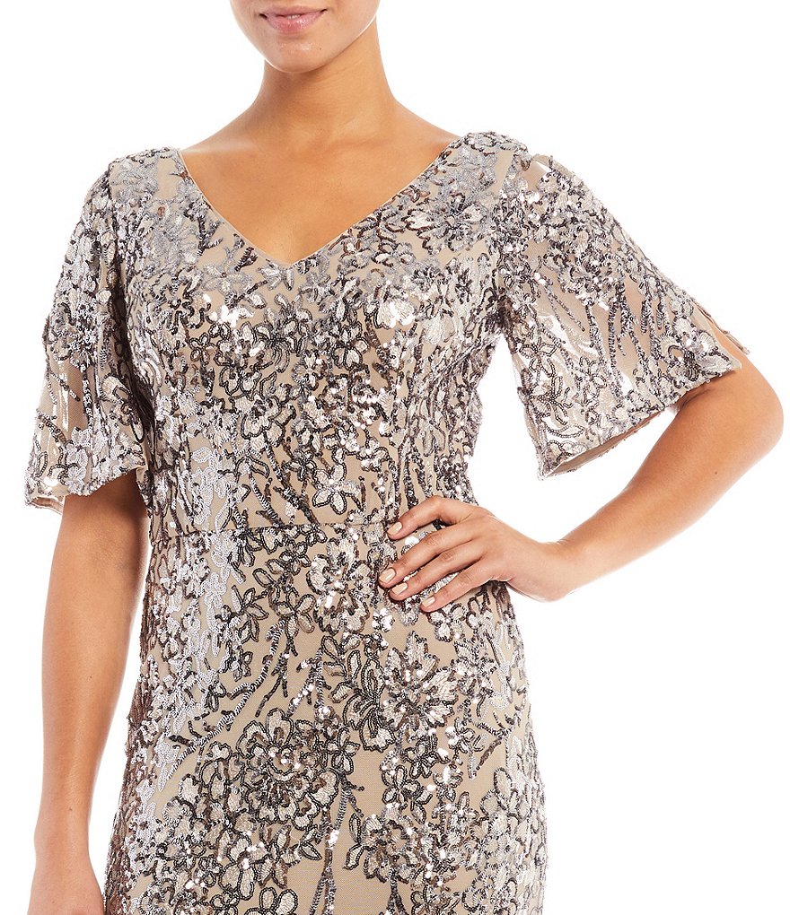Alex Evenings Sequin A-Line Flutter Cold Shoulder Sleeve V-Neck Long Gown
