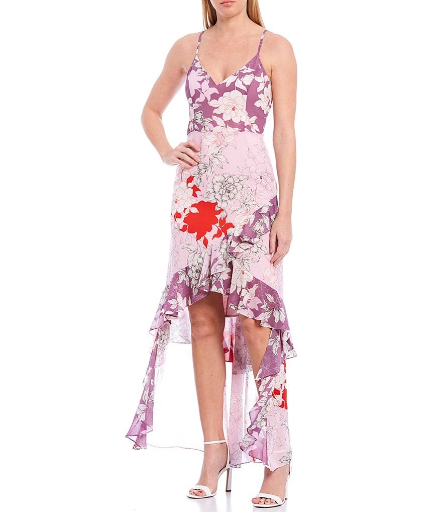 Belle Badgley Mischka Raini Georgette Floral Printed Sleeveless V-Neck Hi-Low Ruffle Dress