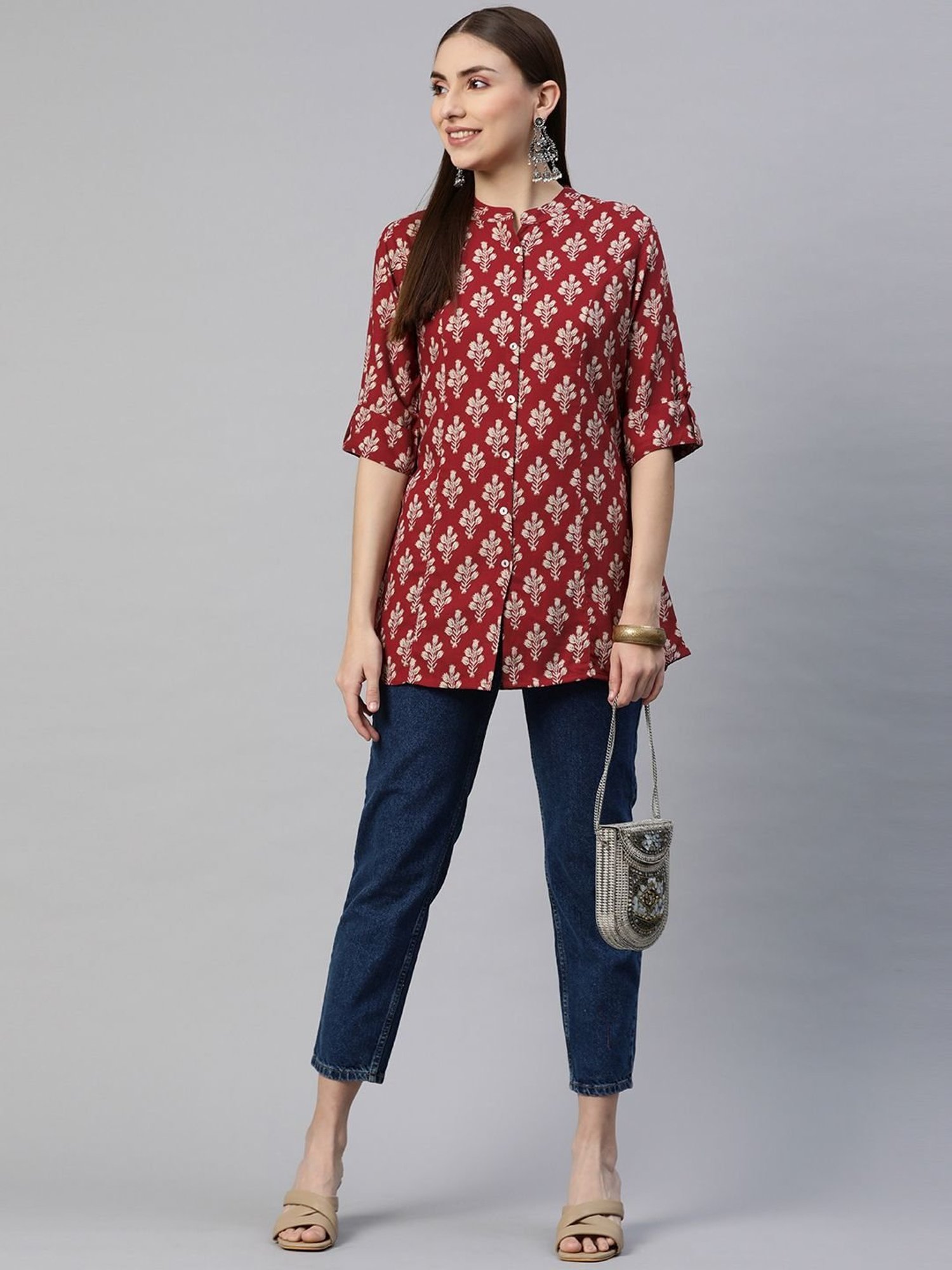 Divena Maroon & Off-White Printed Top