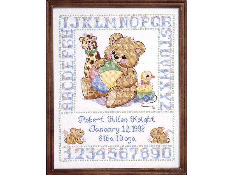 Janlynn Stamped Birth Sampler Cross Stitch Kit 11"X14"-Bear