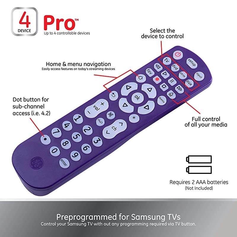 Backlit Universal Remote Control for Samsung, Vizio, LG, Sony, Sharp, Roku, Apple TV, RCA, Panasonic, Smart TV, Streaming Players, Blu-Ray, DVD, 4-Device, Purple, 45765 Purple, Backlit