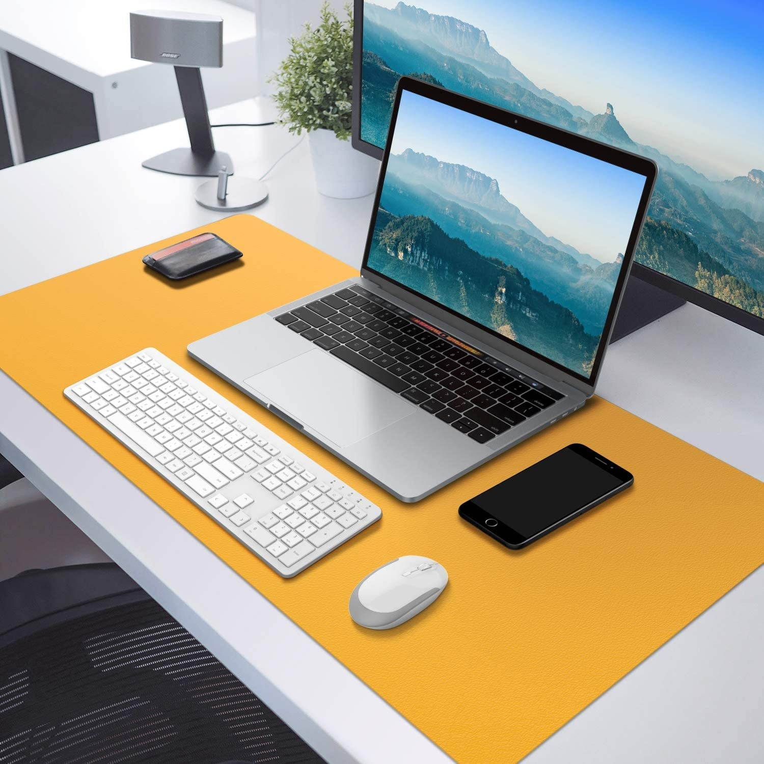 MoKo Computer Desk Mat - PU Large Extended Gaming Mouse Pad, Non-Slip Keyboard Mouse Mat, Waterproof Office Writing Desk Pad Protector, 31.5 x 15.7 x 0.08 Inch - Double Side Royal Blue/Yellow