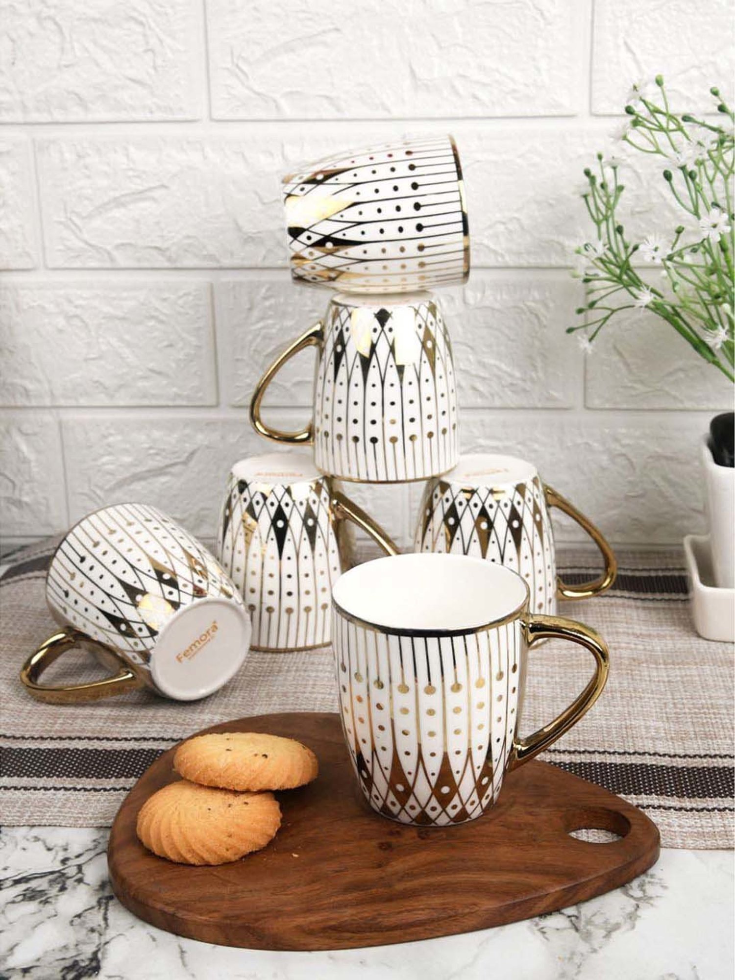 Femora White & Golden Bone China Tea Cup (0.16 L) - Set of 6