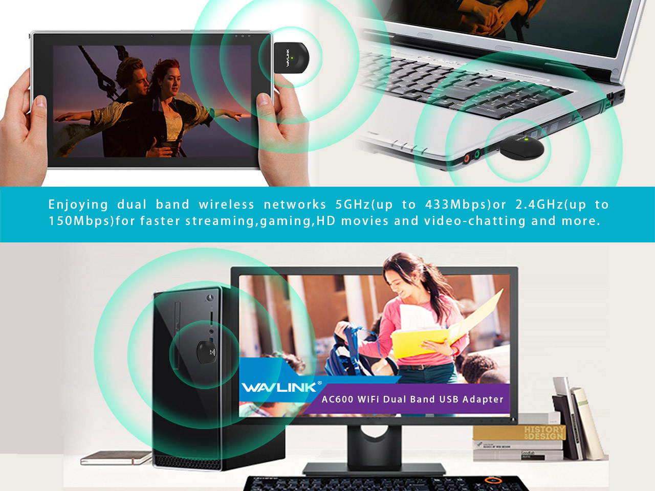 WI-FI Adapter - Wavlink WN682A1 600Mbps Dual Band Nano Wireless USB Wifi Adapter,  802.11ac/a/b/g/n Network Lan Card 2.4G/150Mbps + 5G/433Mbps For Windows XP/Vista/7/8/8.1/10 (32/64bits) MAC OS