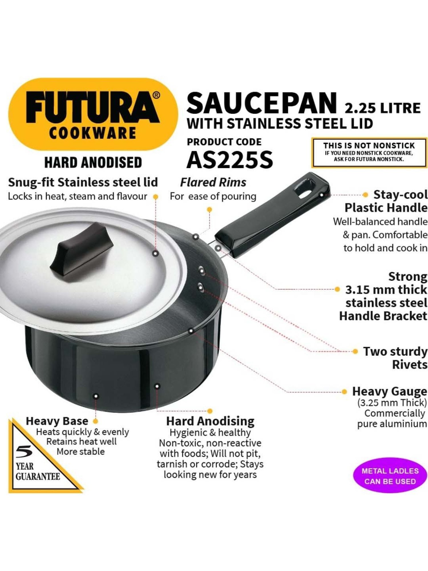 Hawkins Black Hard Anodised 19.6 cm Non-Toxic Sauce Pan With Lid (2.5 L) - Set of 1