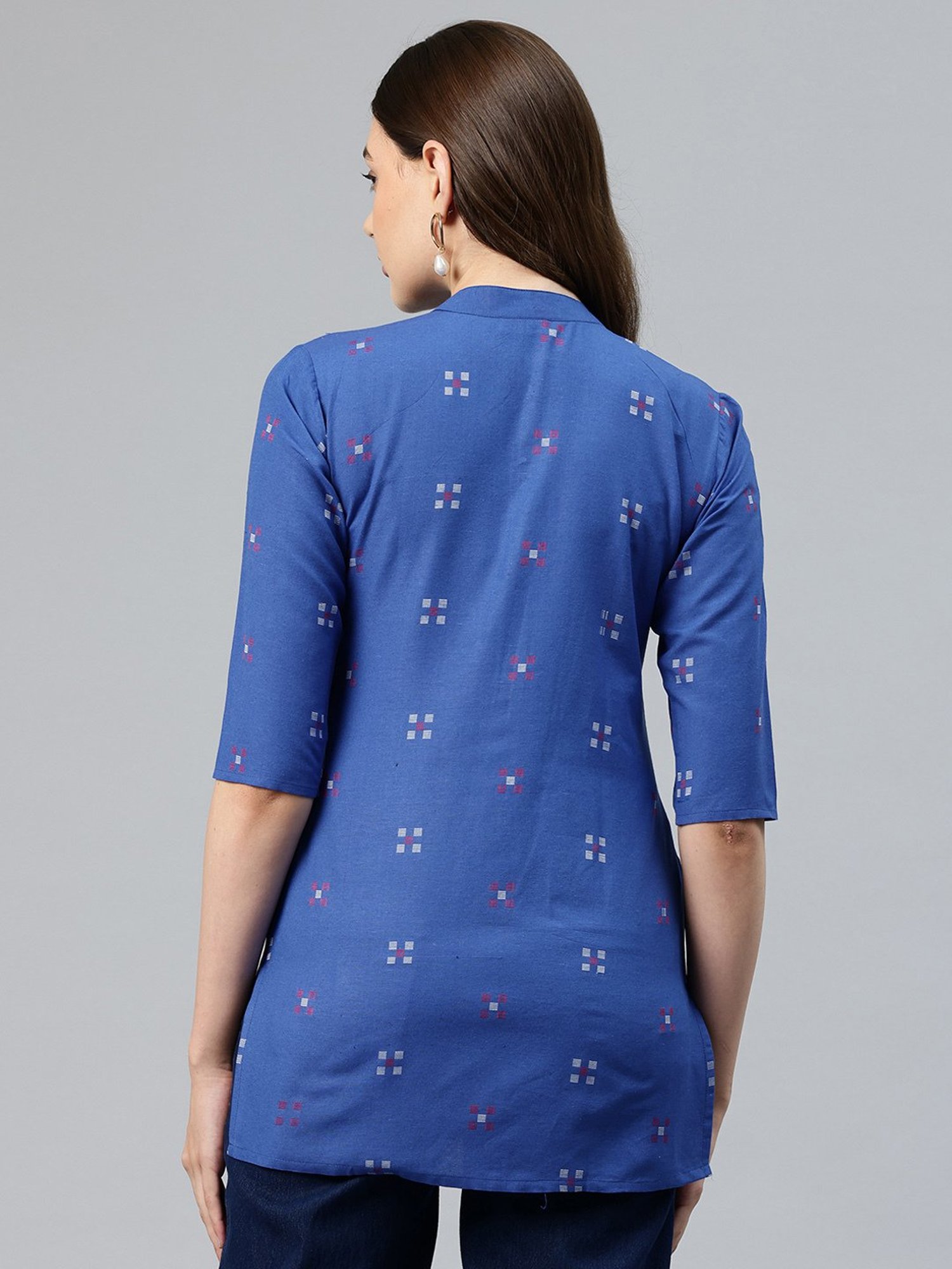 One Femme Blue Cotton Embroidered A Line Kurti