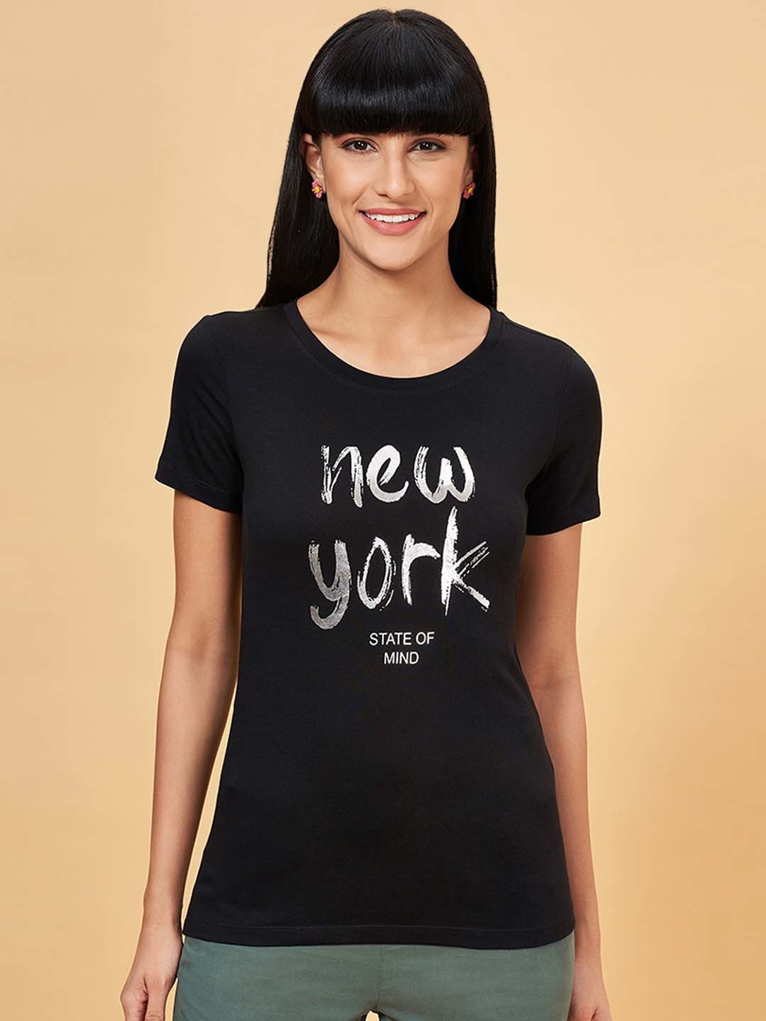 Honey by Pantaloons Black Cotton Printed T-Shirt