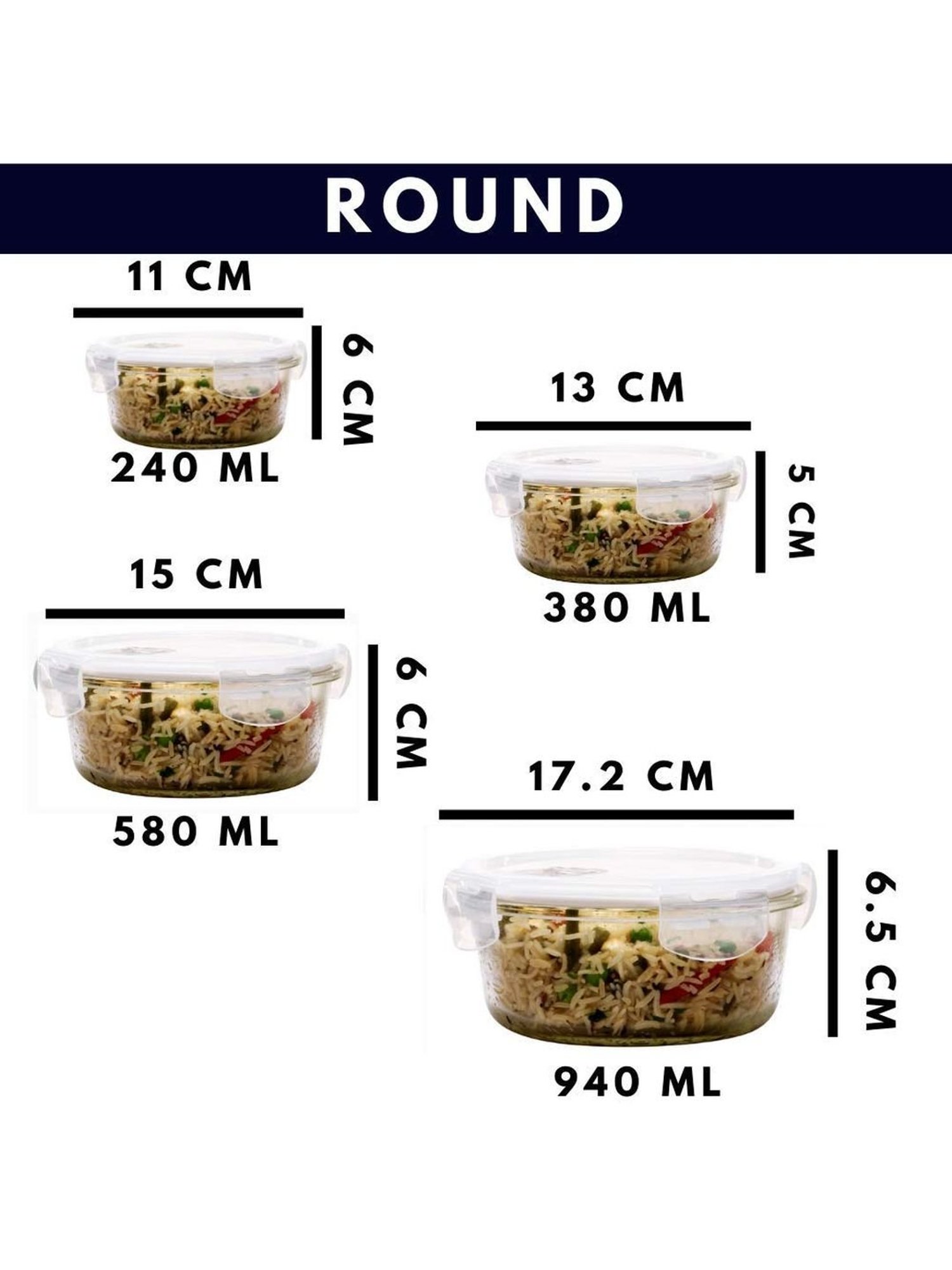 Femora Glass Storage Container with Air Vent Lid (240 ml, 380 ml, 580 ml & 940 ml) - Set of 4