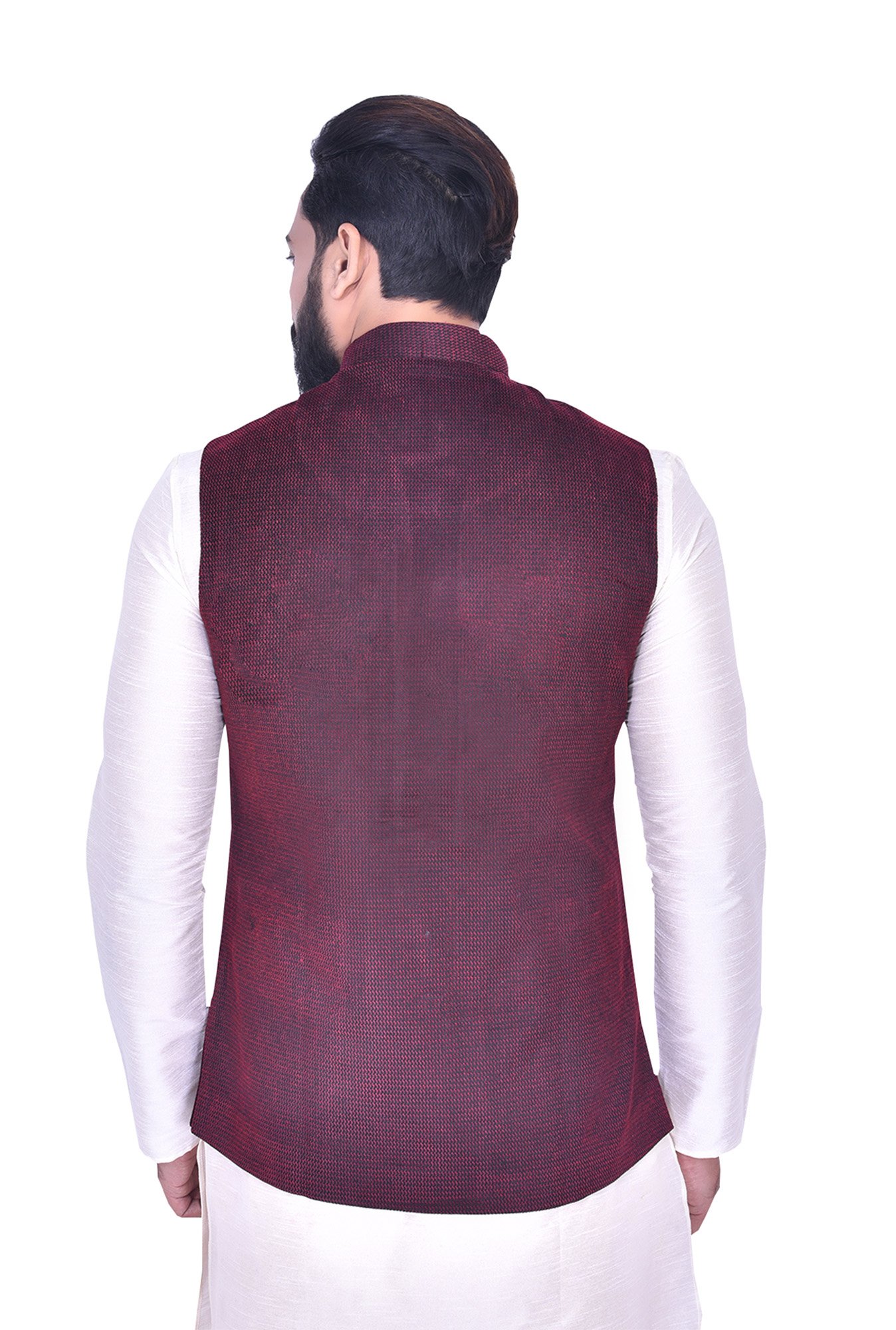 Manyavar Maroon Mandarin Collar Ethnic Waistcoat