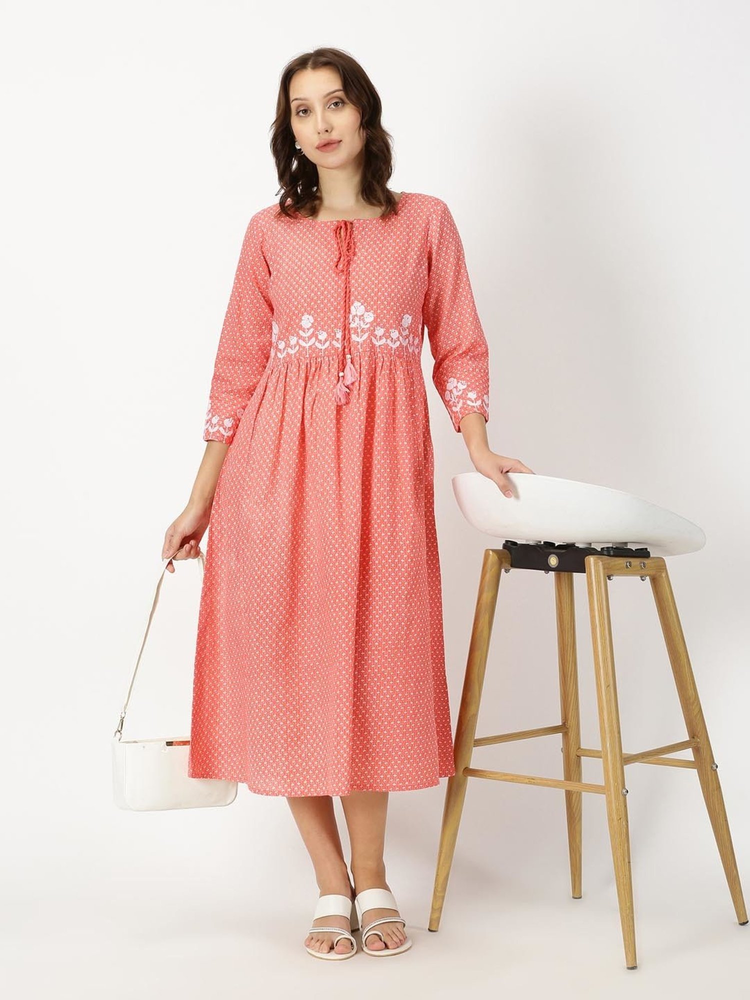 Saffron Threads Coral Cotton Floral Print Ethnic Dress