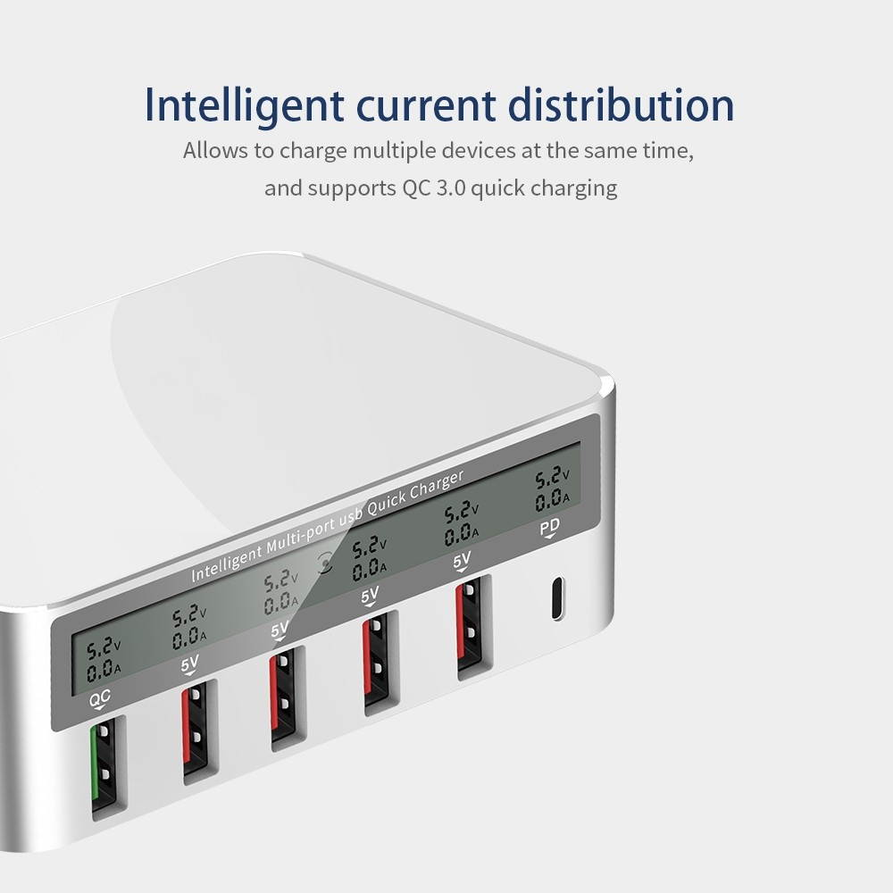 818 Intelligent Multi-port USB Fast Charger Adaptive LCD Display Quick Charge QC 3.0 Type-C Port EU Plug