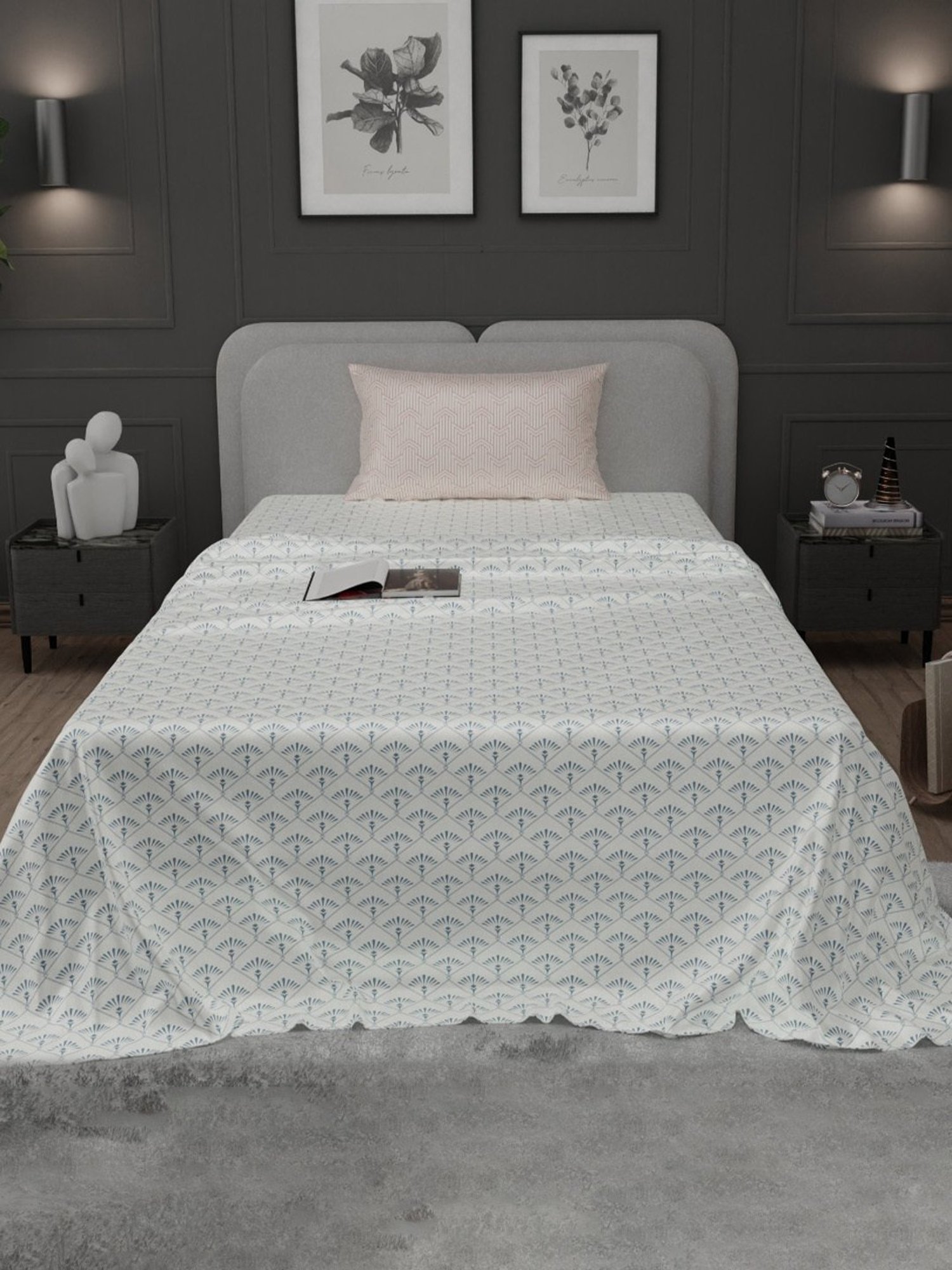 Stoa Paris Elegance Blue Polyester 300 TC Sateen Single Size Bed Sheet With 1 Pillow Cover