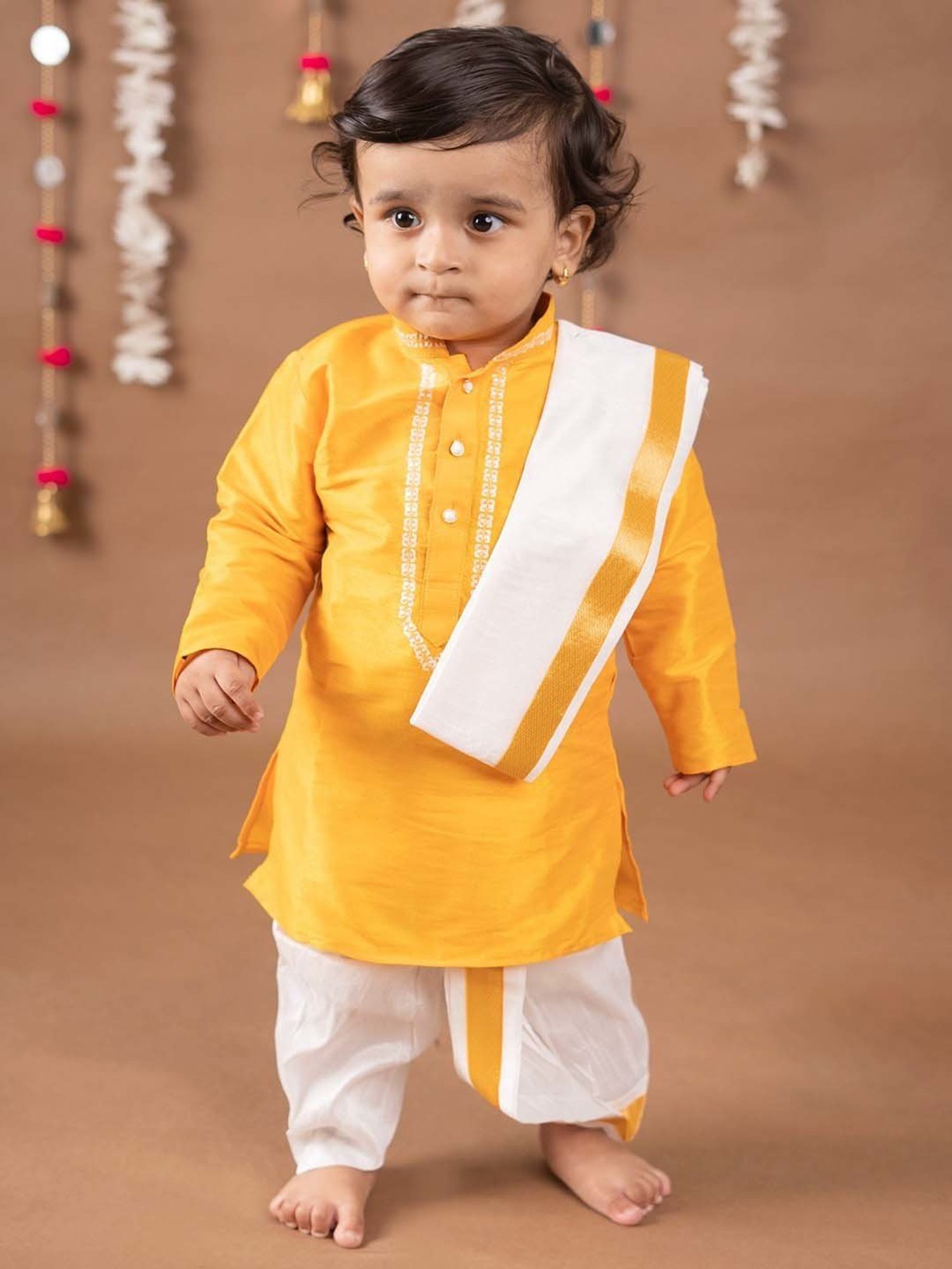 Baby Moo Kids Yellow & White Regular Fit Full Sleeves Kurta Set