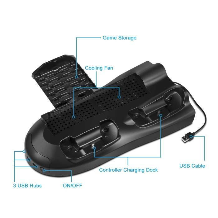 HaiBlue 5 in 1 Vertical Stand for Xbox One X Cooling Fan with Controller Charger Charging Station Game Discs Storage and 3 USB Ports