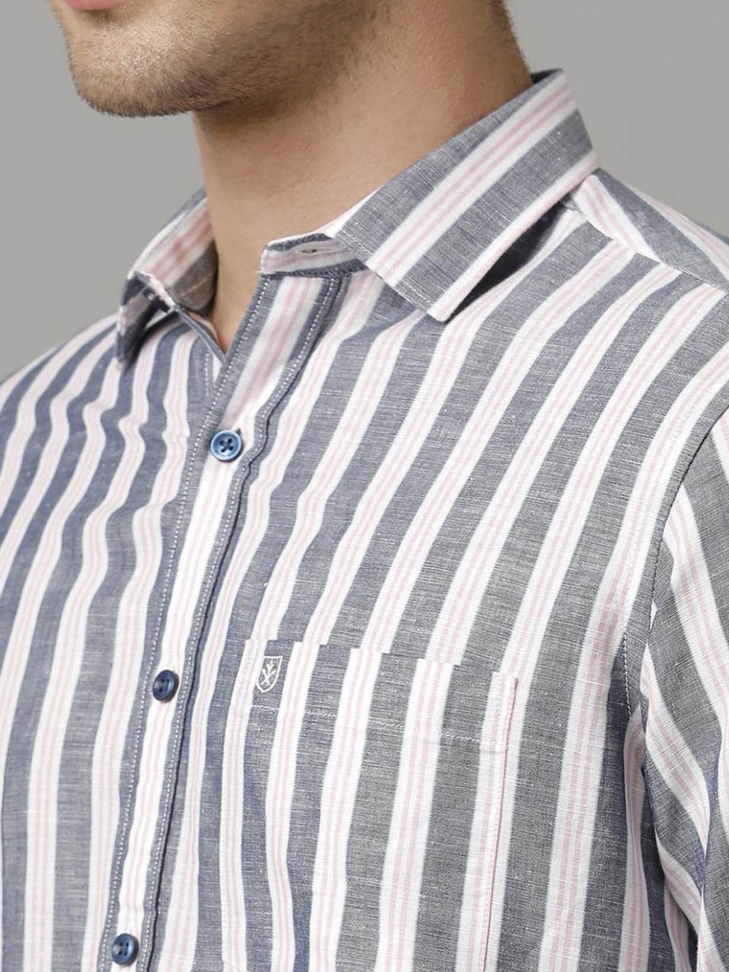 Linen Club Grey Linen Contemporary Fit Striped Shirt