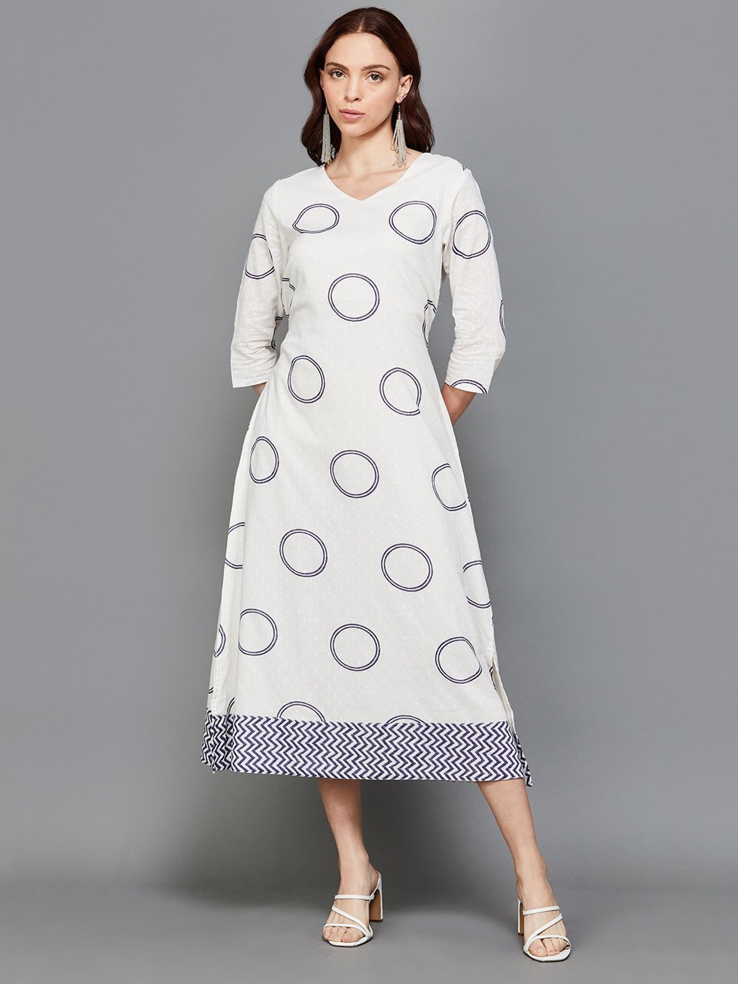 Colour Me by Melange White Cotton Printed A-Line Dress