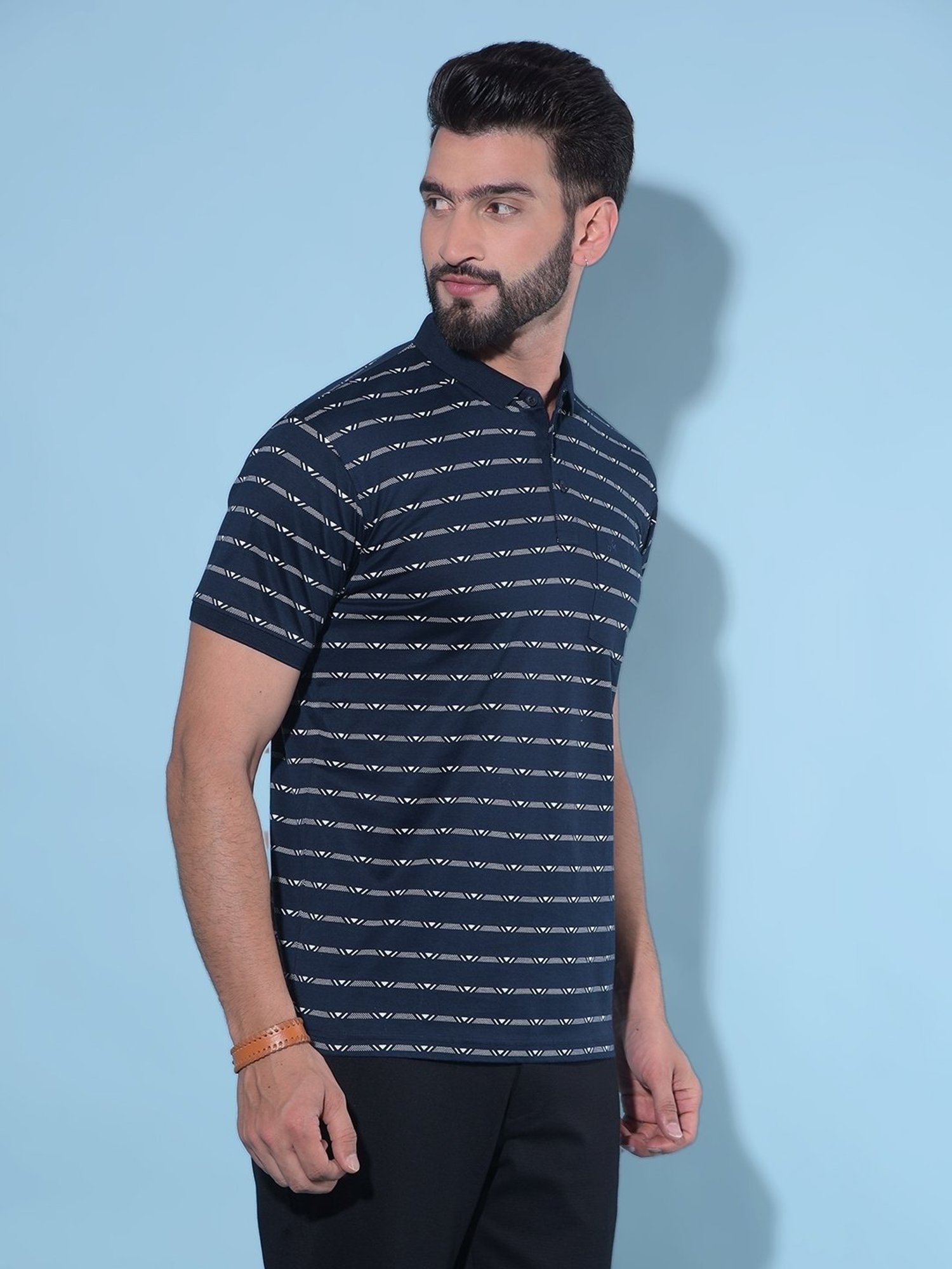 Crimsoune Club Navy Blue Cotton Slim Fit Striped Polo T-Shirt