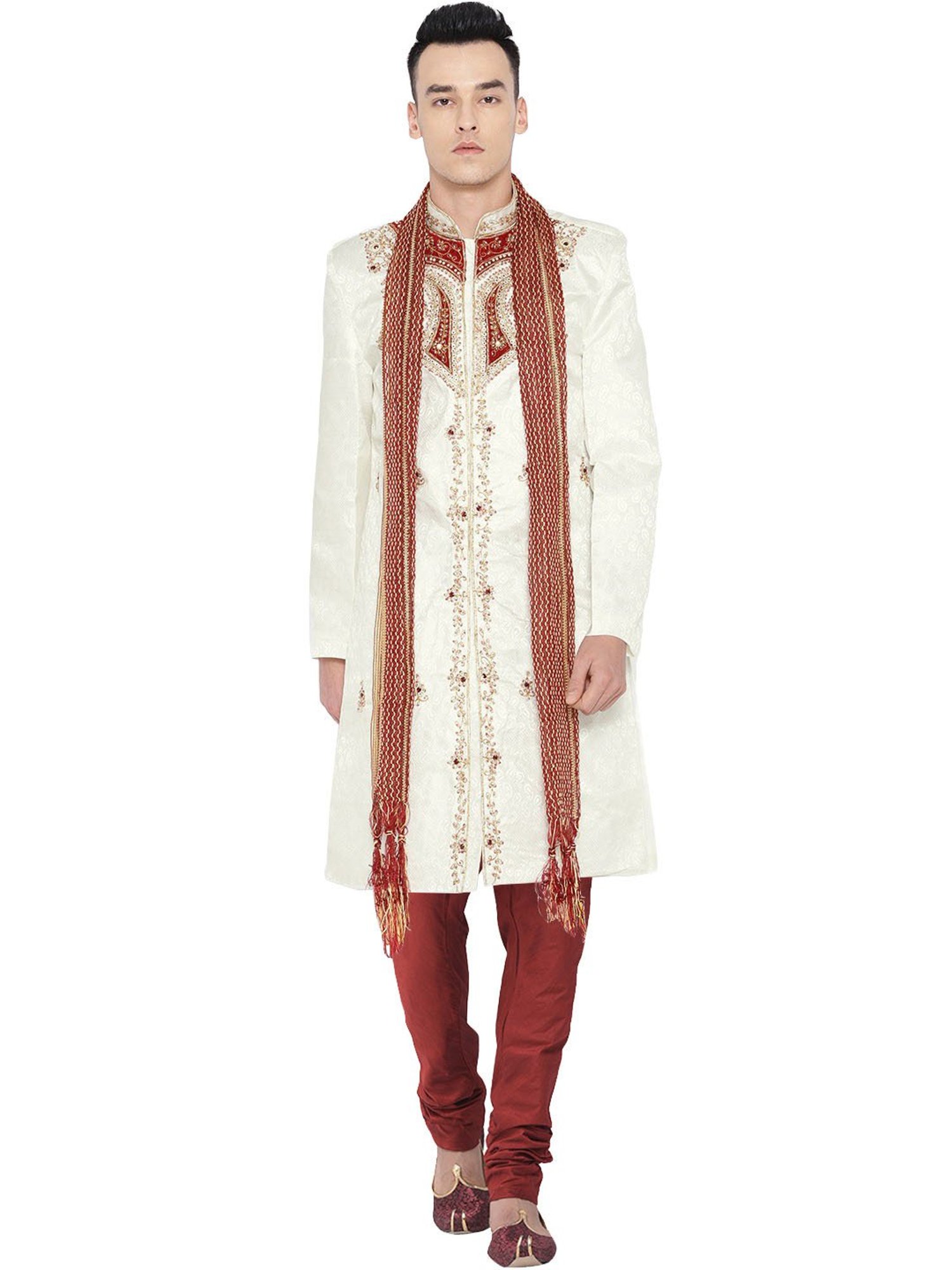 SG LEMAN Cream Regular Fit Embellished Sherwani Set