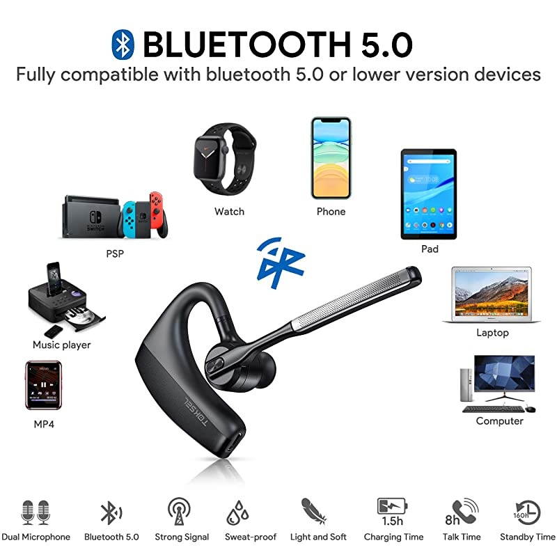 Bluetooth Headset for Cell Phones Bluetooth Earpiece 50 with Dual Mic Noise Cancelling 8Hrs Talktime Mute Button HandsFree Earphones Compatible iPhone Android DrivingBusinessOffice