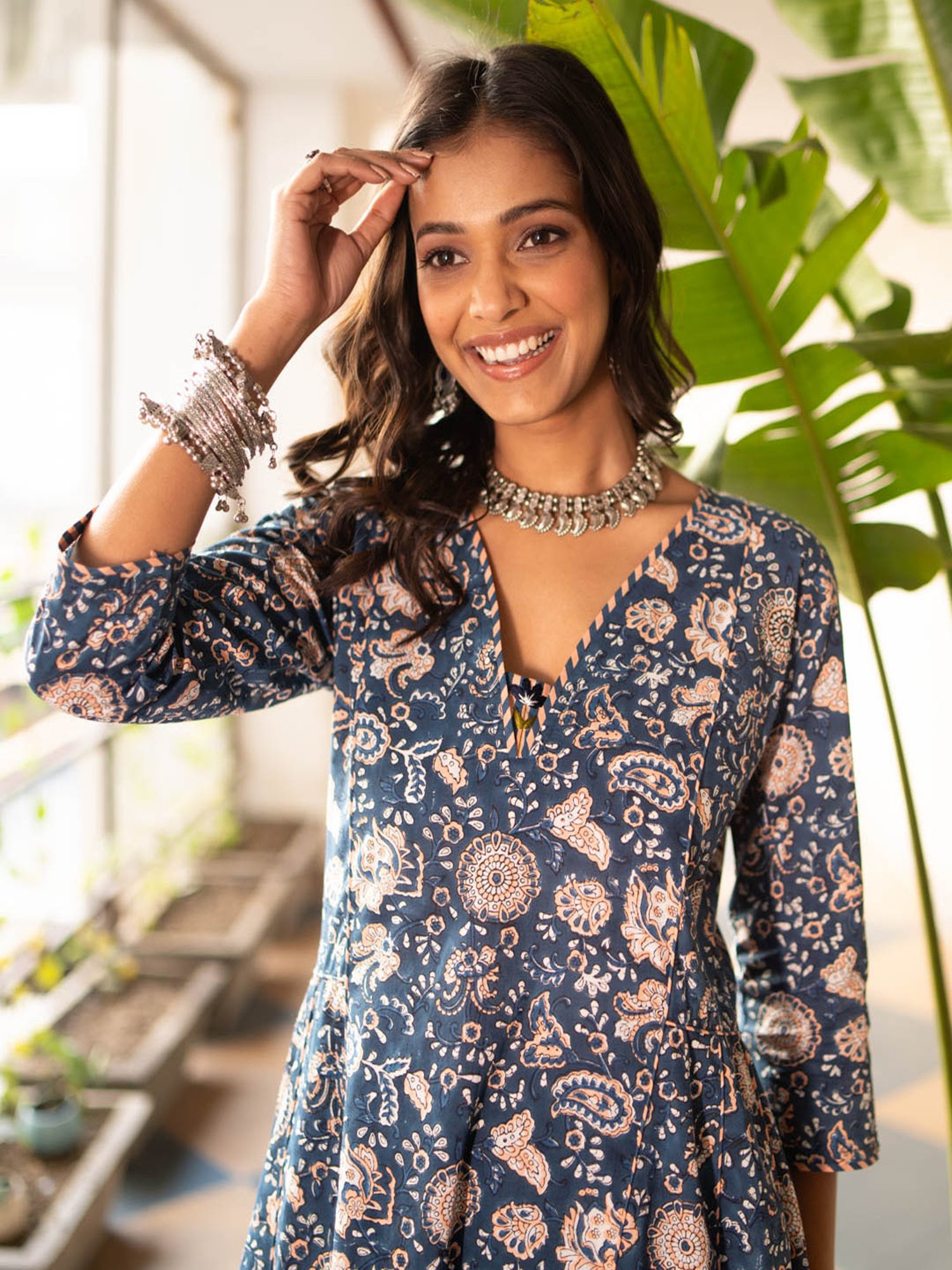 Akiso Blue Block Printed Anarkali Kurta Set With Hand Embroidery Details (Set Of 2)