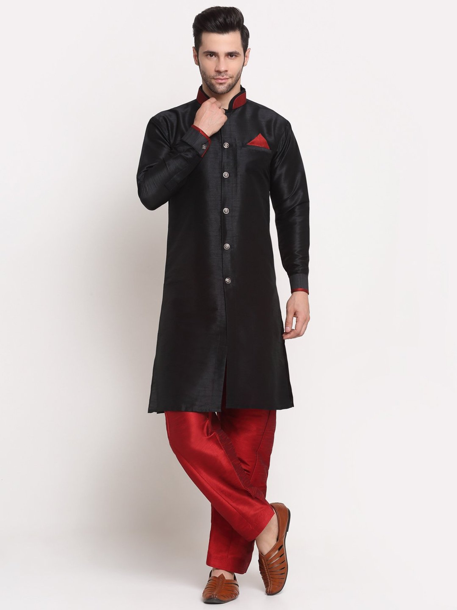 Benstoke Black & Maroon Regular Fit Sherwani Set