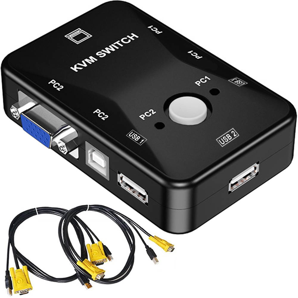 KVM Switch, Usb Kvm Switch 2 Computers Sharing 3 USB Devices, 2 Computers 1 Monitor Switch, Plug and Play, Usb Kvm Switch with 2 VGA USB Cables, for Computer,Keyboard,Mouse Monitor Black