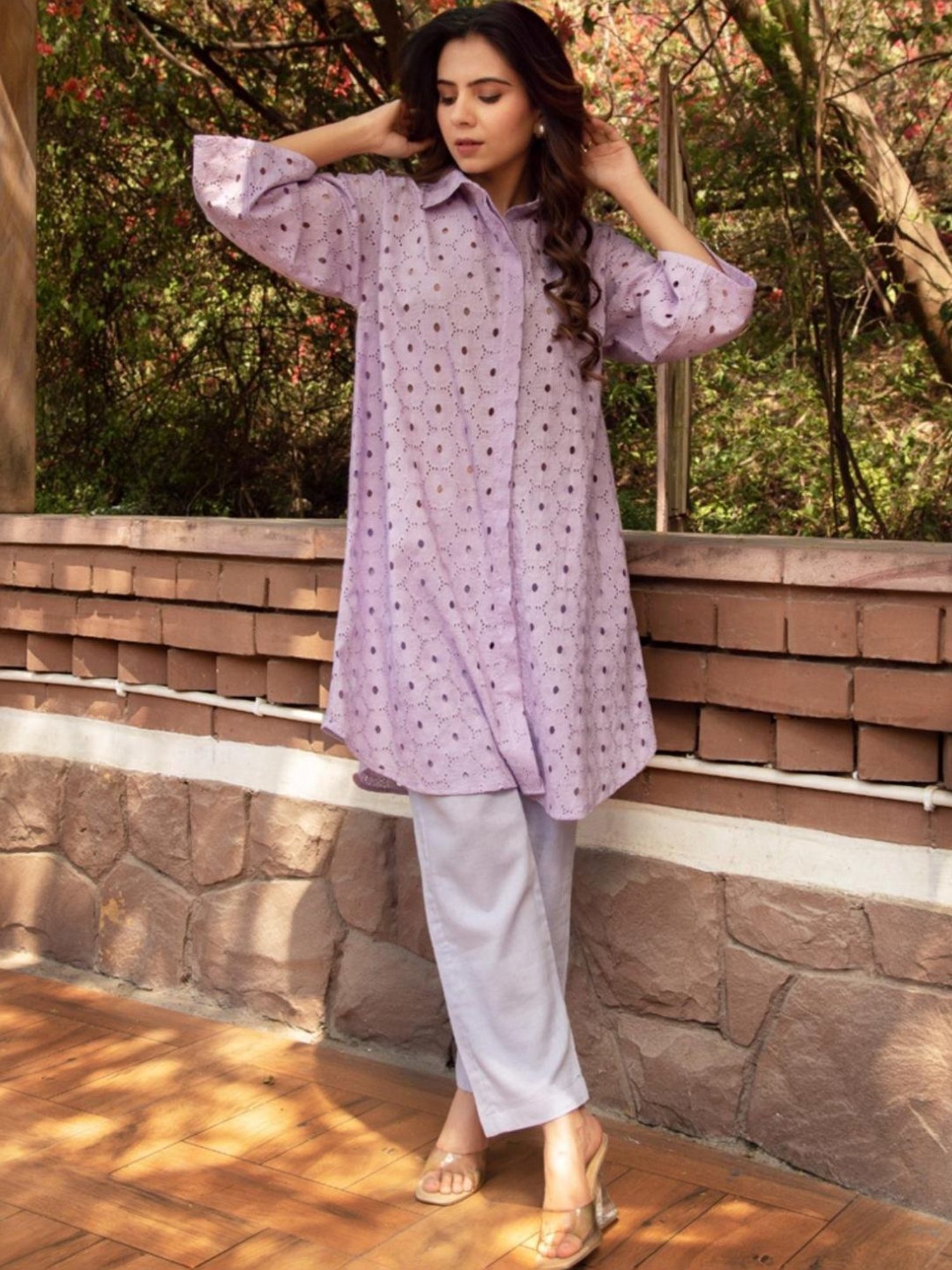 Calmna Lavender Schiffli Tunic with Pant Co-ord Set