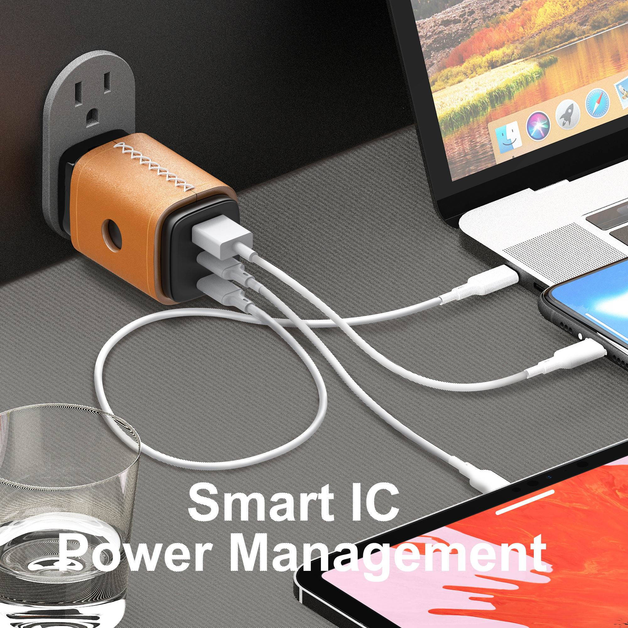 VogDUO USB C Charger, 65W 3 Ports GaN, Fast Charging, Foldable Plug, Genuine Leather style, compatible with iPad, iPhone 12/12 Mini/12 Pro/12 Pro Max/SE/11, Nintendo Switch, MacBook