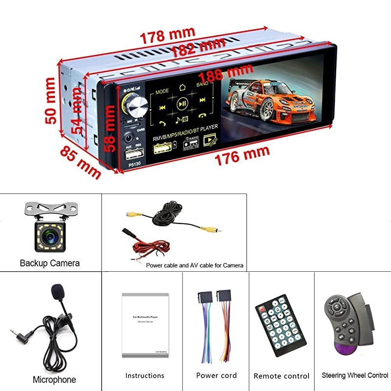 Single Din Car Stereo 41 Car Radio HD Touchscreen with Bluetooth USBMP3MP5AMFMRDS Radio Support Rear View Camera +External MicrophoneSubwooferSteering Wheel Control