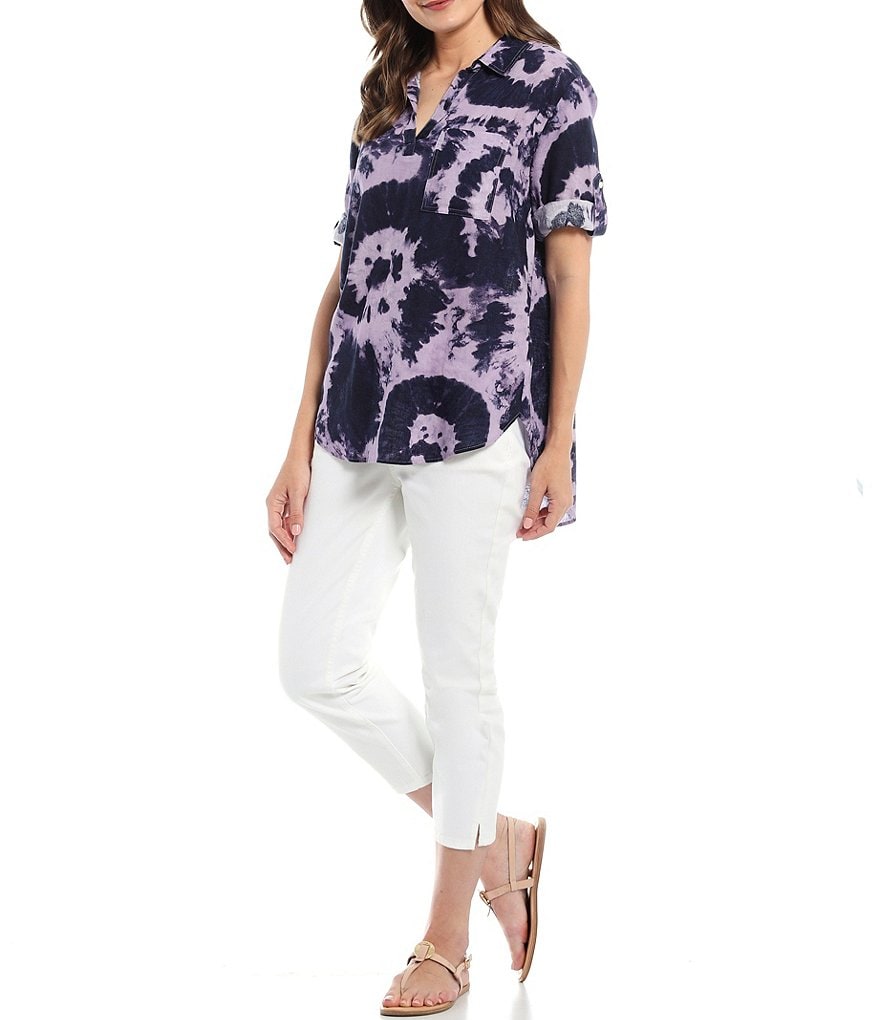 Westbound Tie Dye Roll Sleeve Y-Neck Popover Top