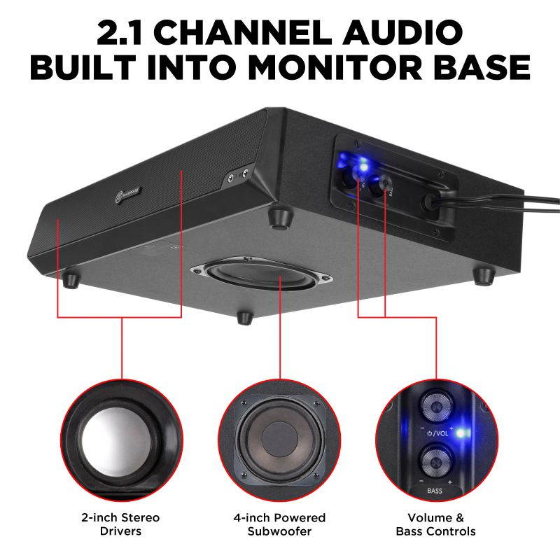 GOgroove USB Computer Speaker and Monitor Stand - SonaVERSE BSE Sound Base with Built-in Subwoofer and 3" Desk Monitor Riser 2-in-1 System, Microphone and Headphone Jack, Volume and Bass Controls