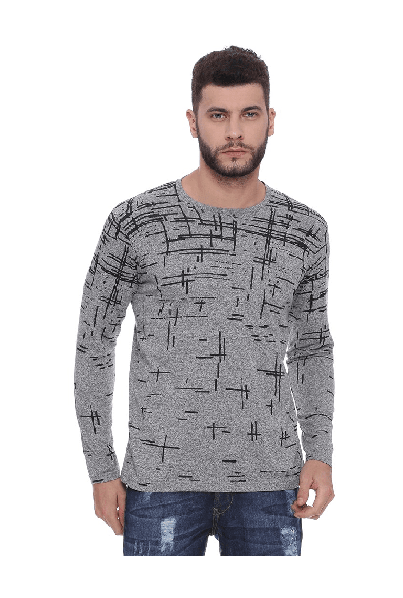 Campus Sutra Grey Printed Cotton T-Shirt