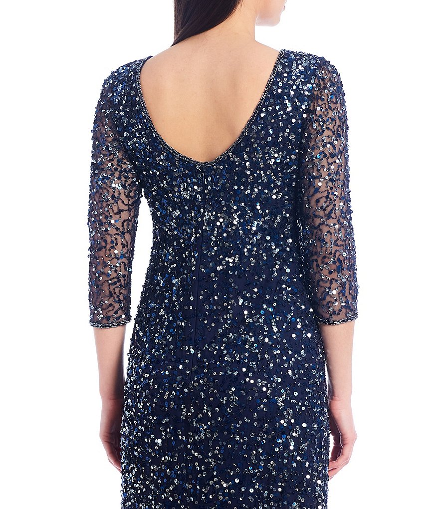 Kay Unger Long Bishop Sleeve V-Neck Crepe A-Line Dress