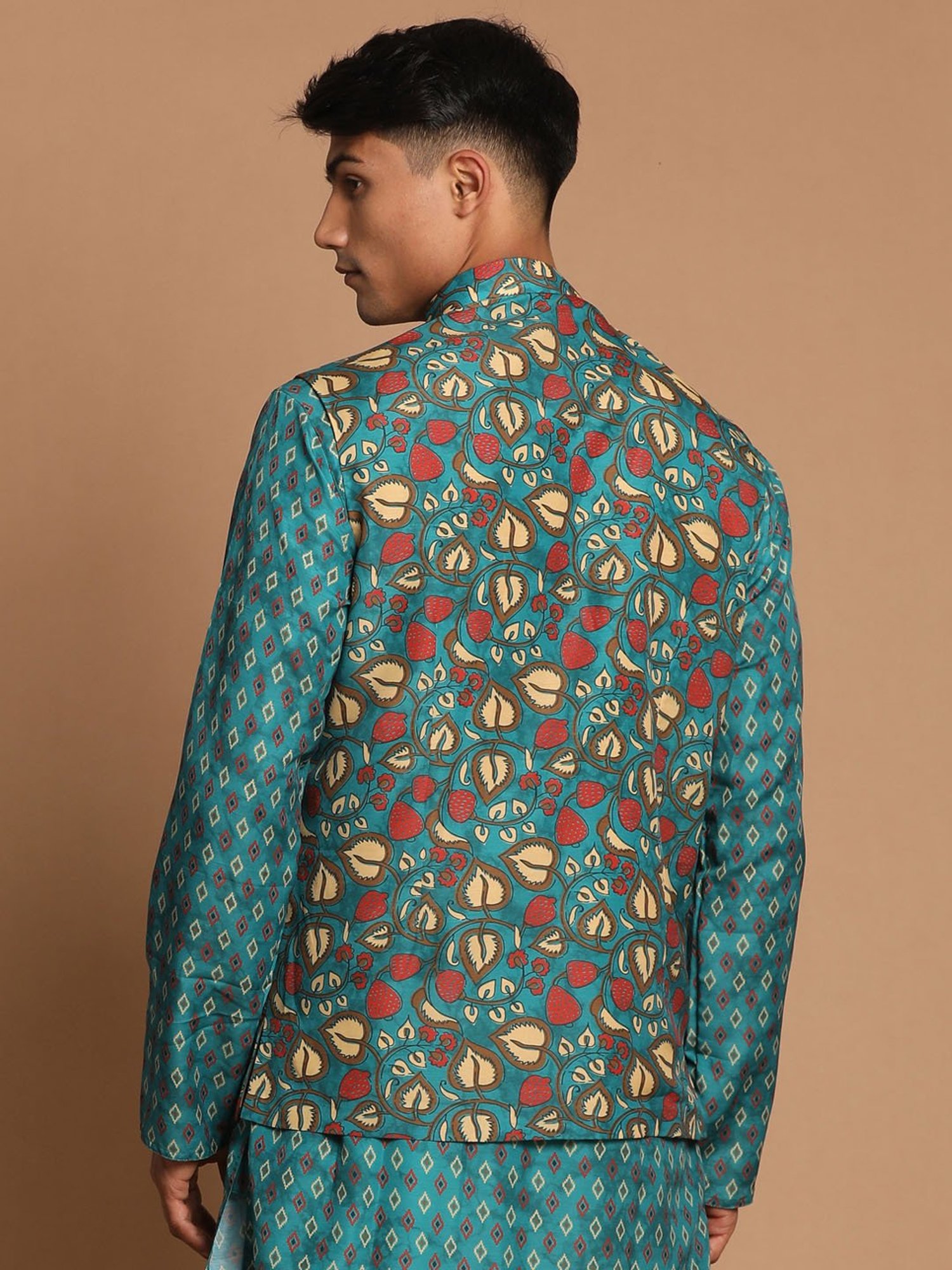 VASTRAMAY Teal Green Regular Fit Printed Nehru Jacket