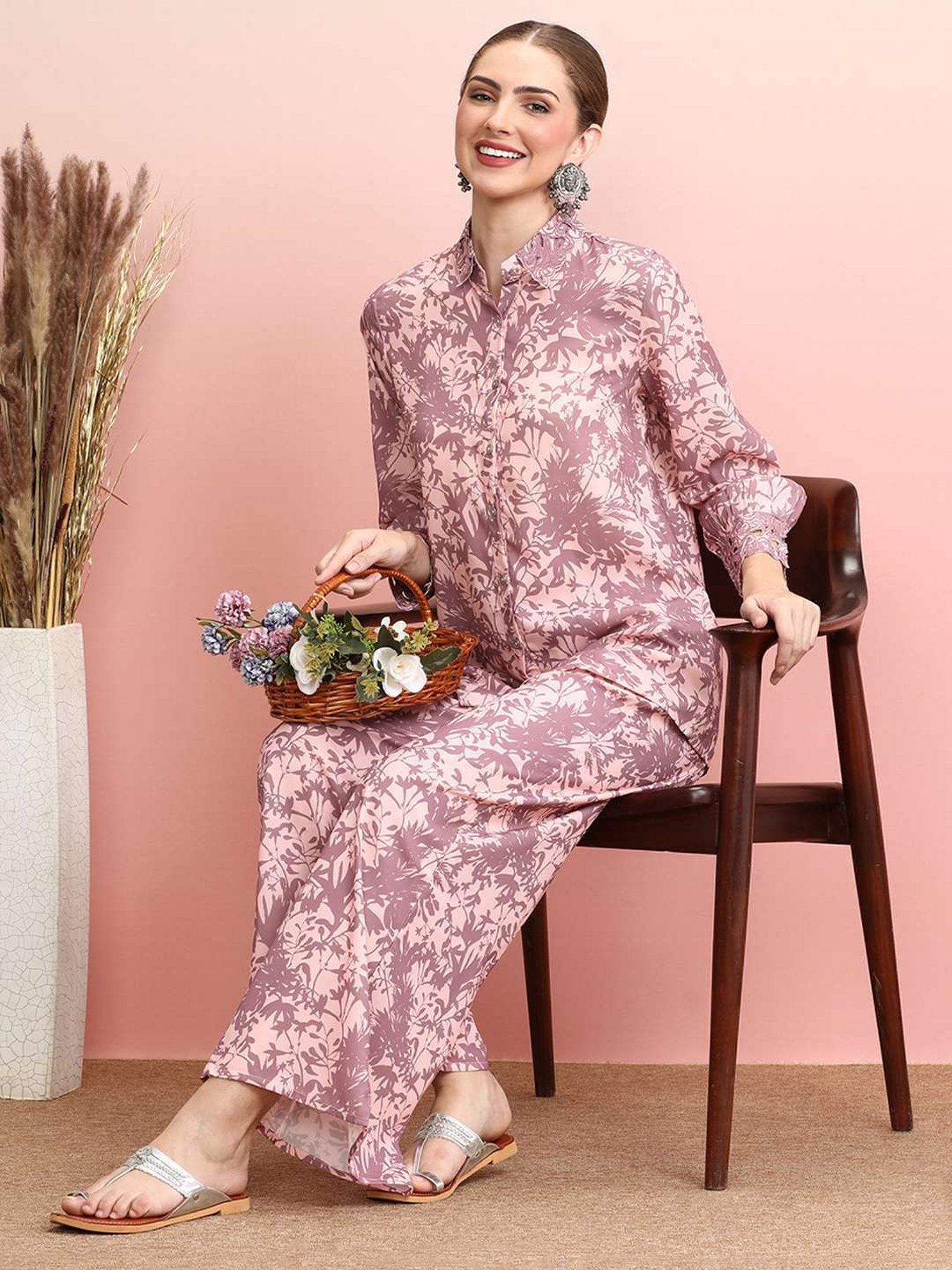 Indo Era Purple Floral Print Shirt Palazzo Set