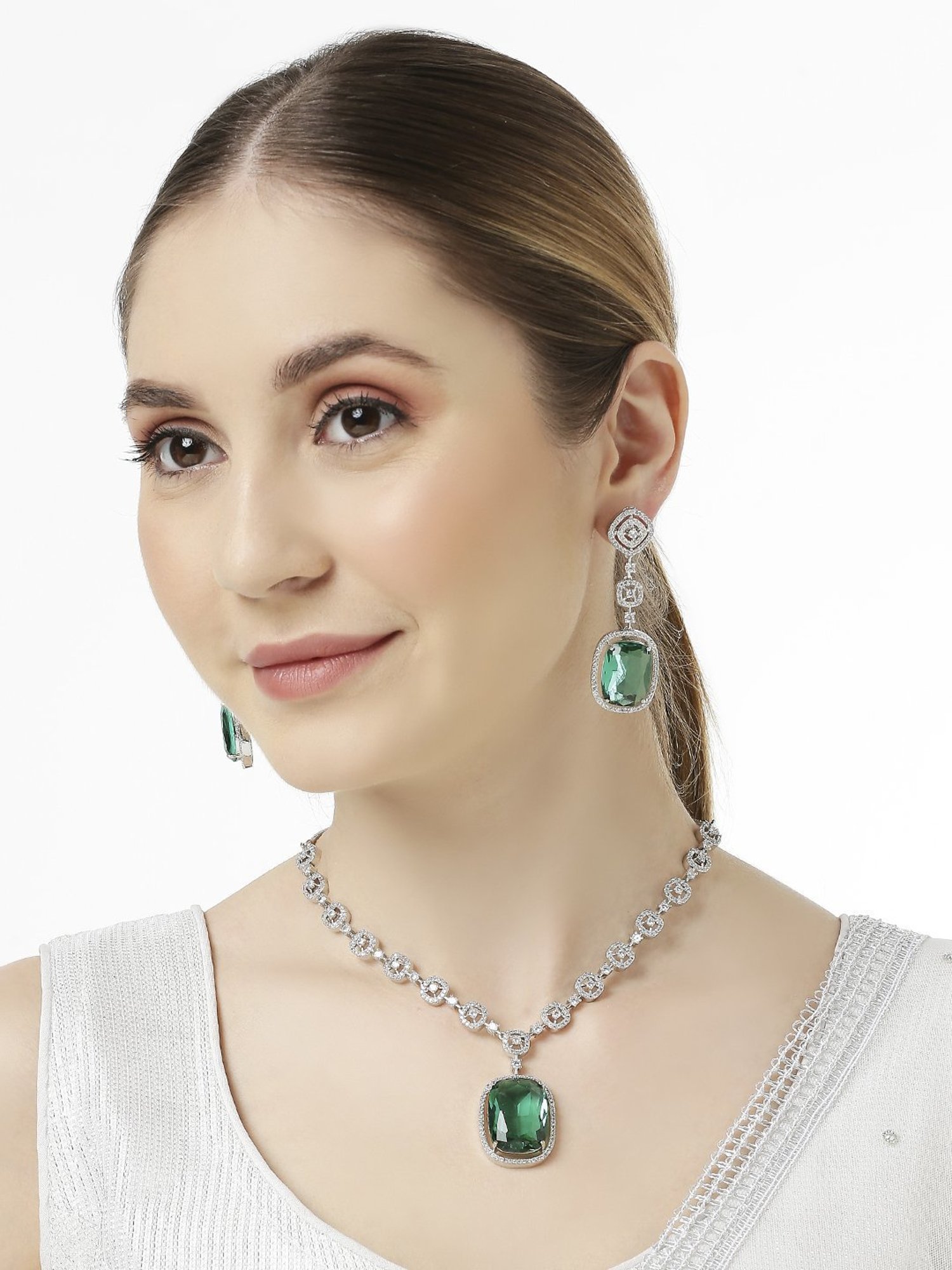 OOMPH Green American Diamond Large Rectangle Drop Pendant Necklace Set with Earrings