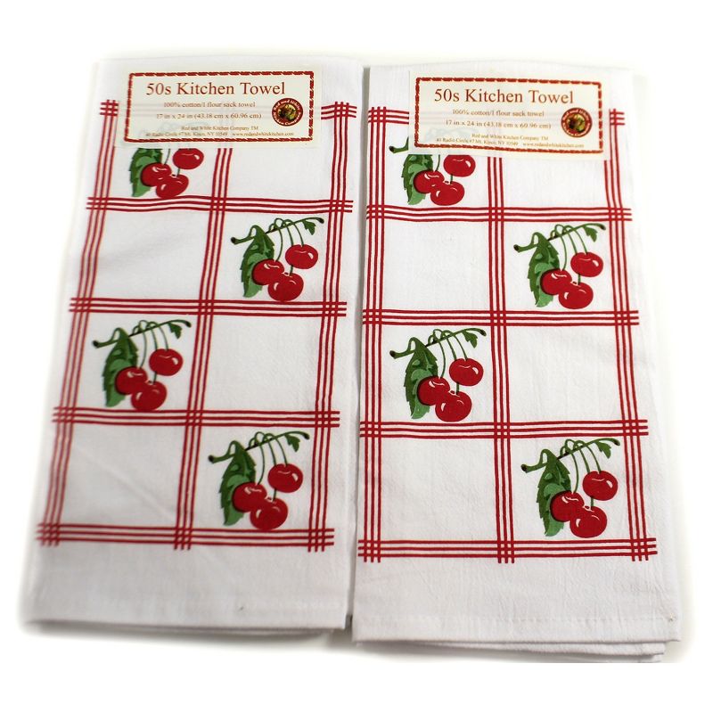 Tabletop 24.0" Country Cherries Red Set/2 100% Cotton 50S Design Retro Red And White Kitchen Company  -  Kitchen Towel