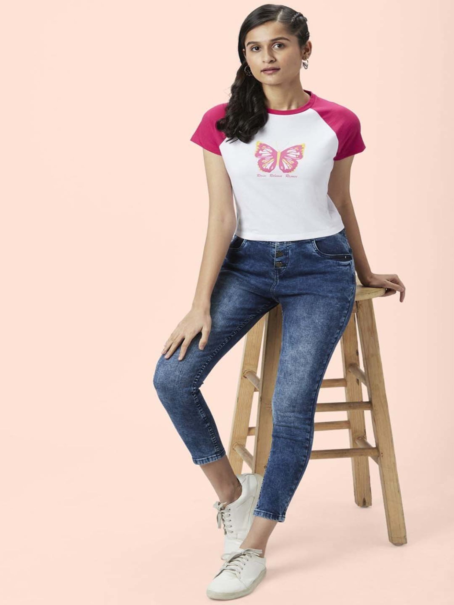 People by Pantaloons White Cotton Printed Crop T-Shirt