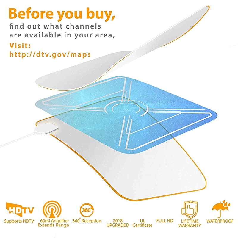 White Indoor HDTV Antenna, 30-180Miles Long-Range, with Swich Amplifier, 16ft Coaxial Cable