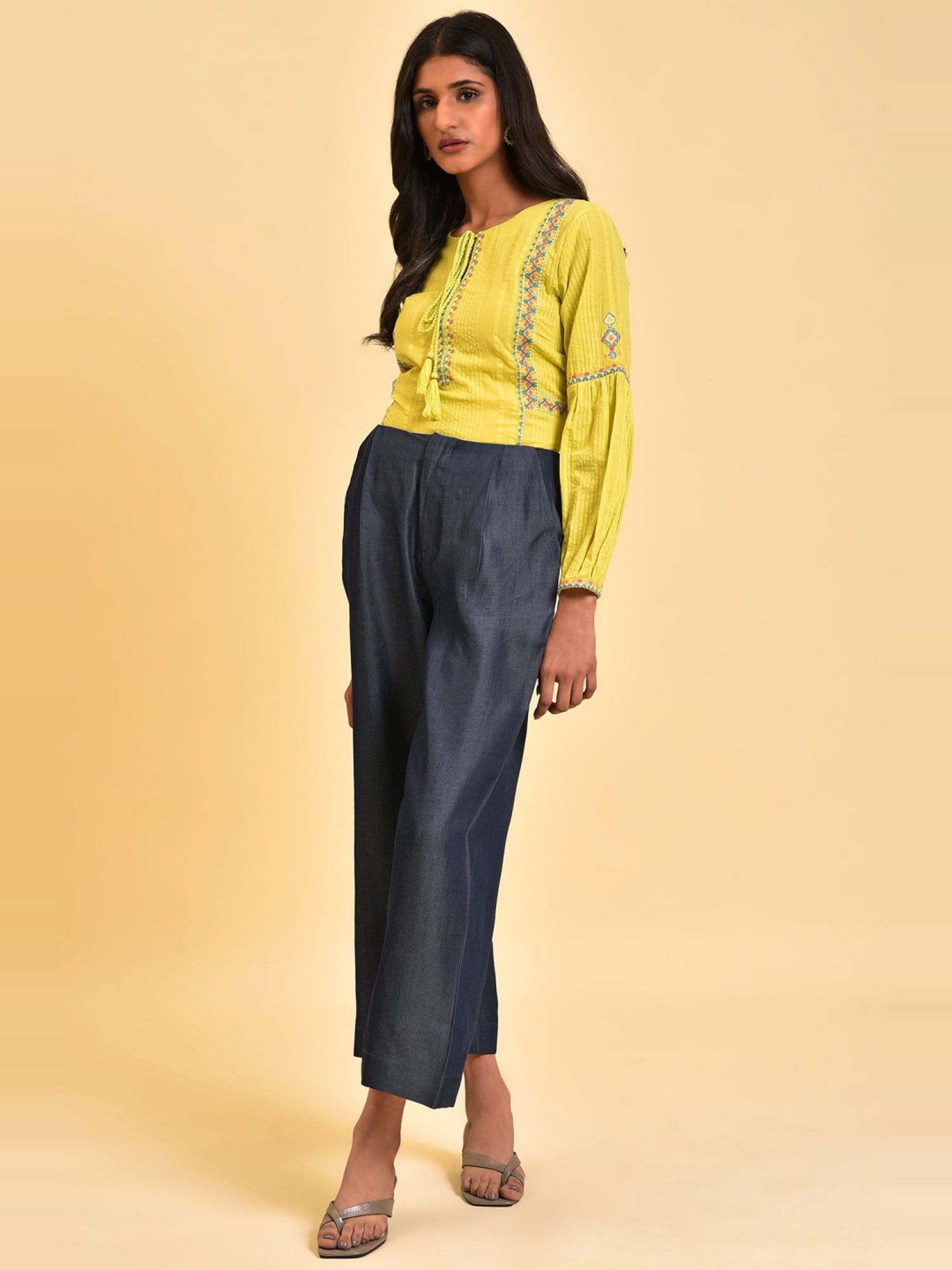 W Yellow Cotton Embroidered Top
