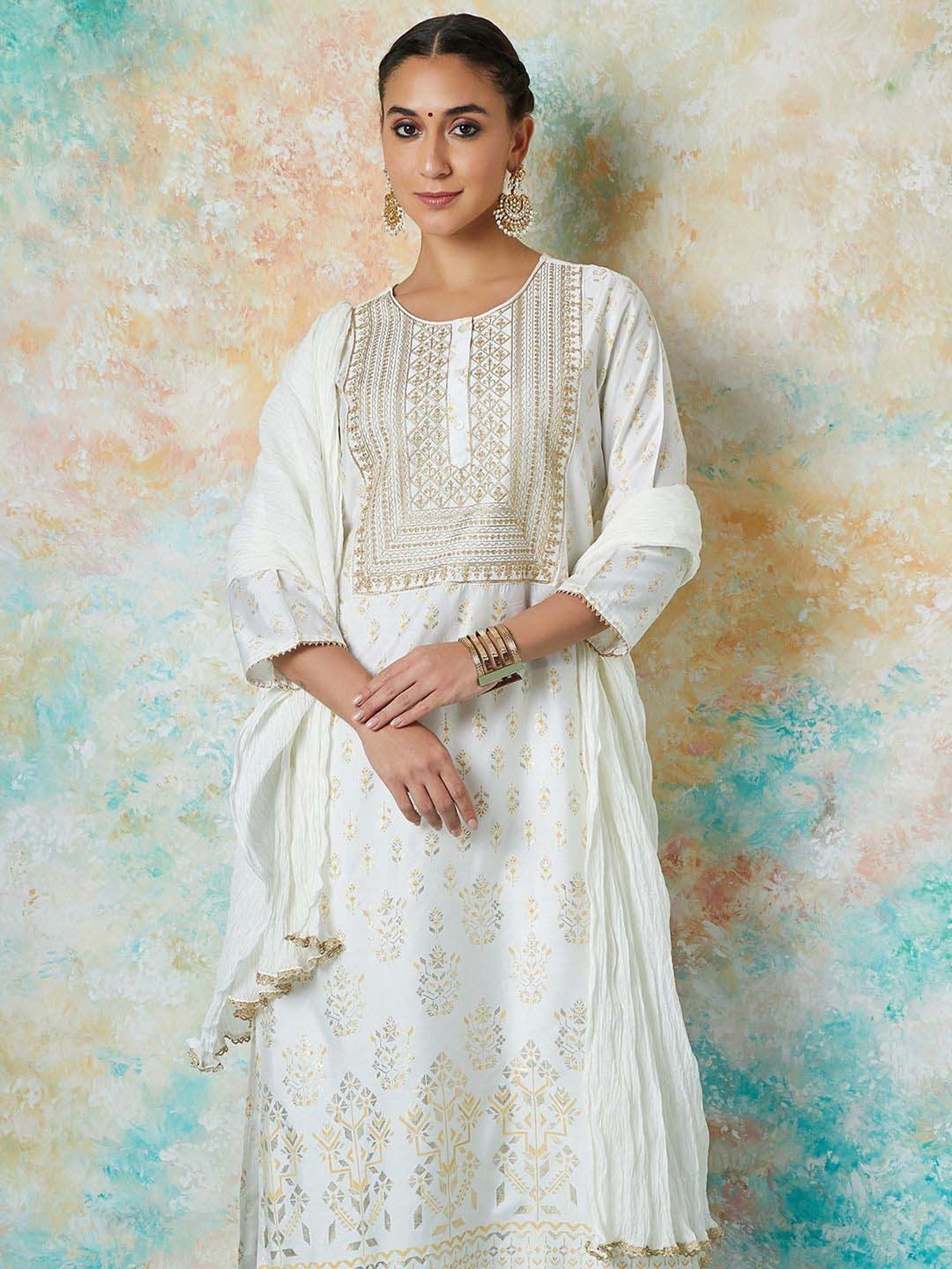 Melange by Lifestyle Off-White Embroidered Kurta Palazzo Set With Dupatta