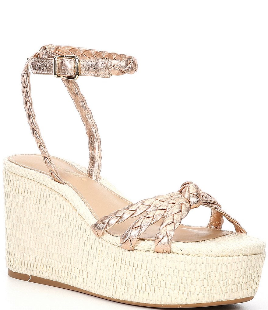 Antonio Melani Lorinna Leather Woven Ankle Strap Metallic Wedges