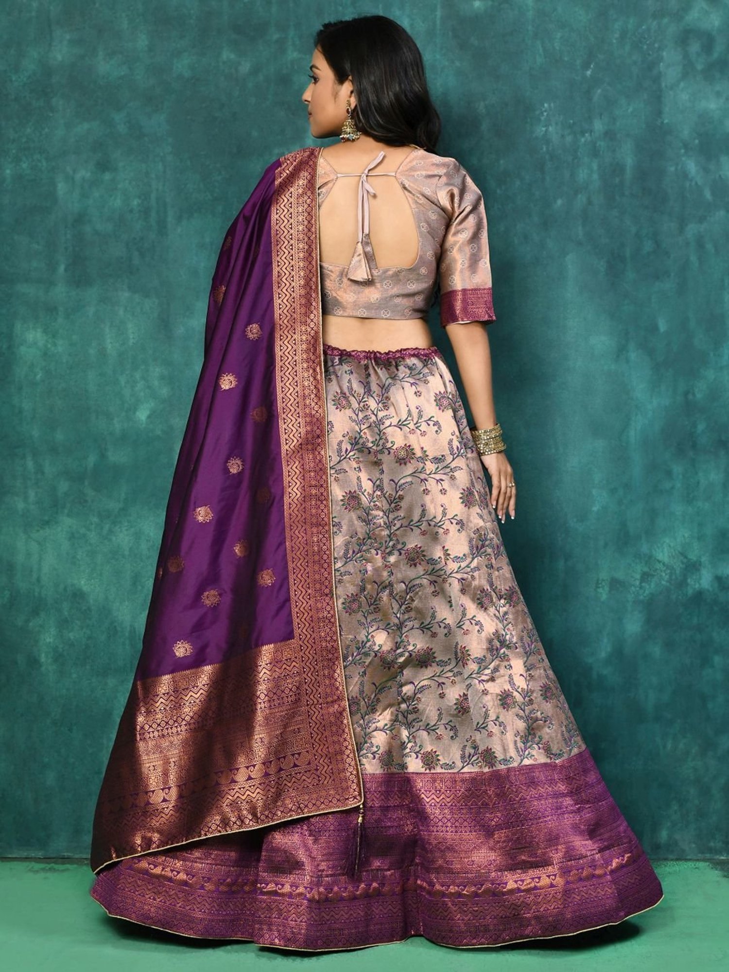 Silk Land Beige & Blue Woven Pattern Semi Stitched Lehenga Choli Set With Duppata