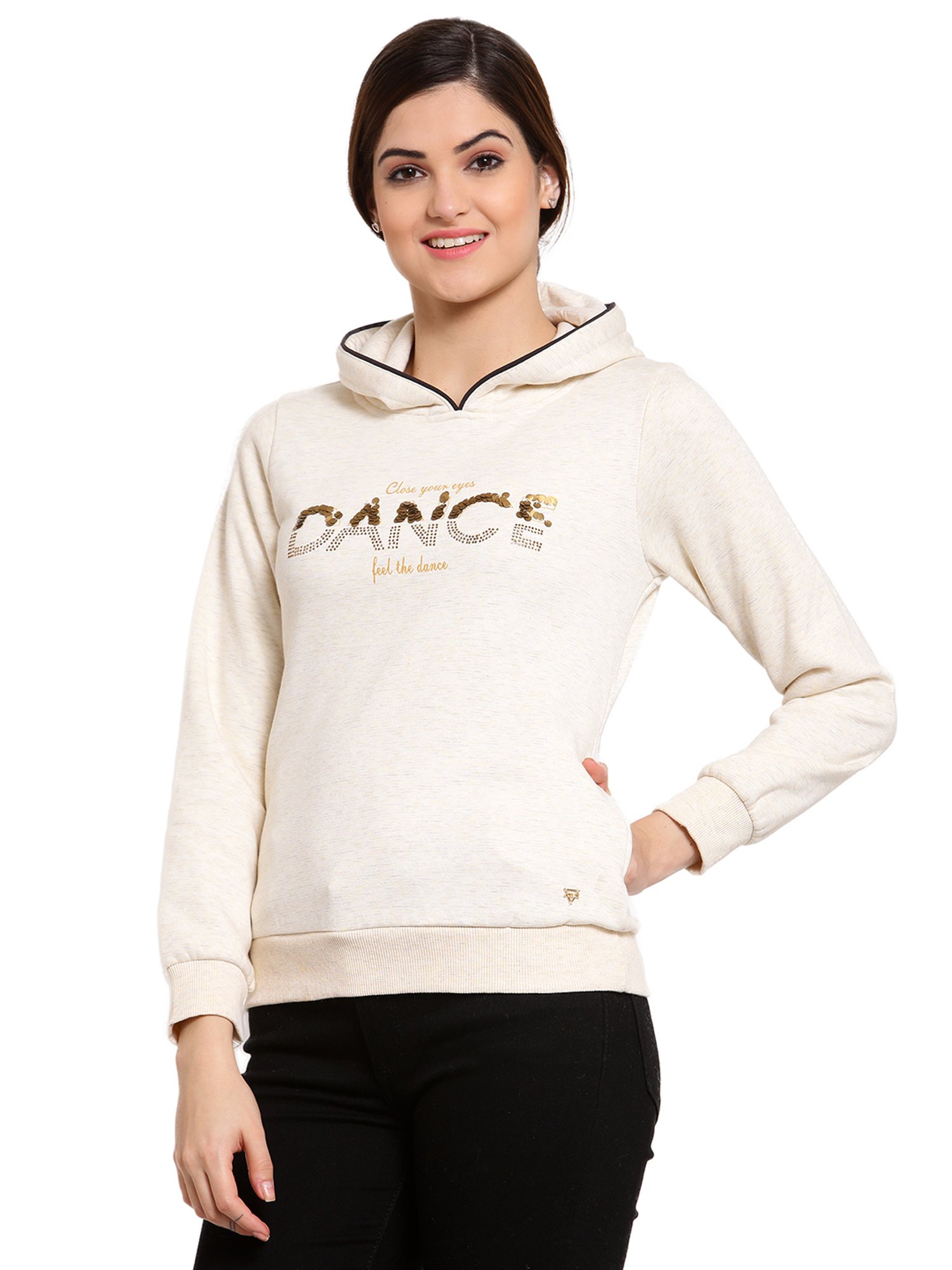 Juelle Beige Embellished Hooded Sweatshirt
