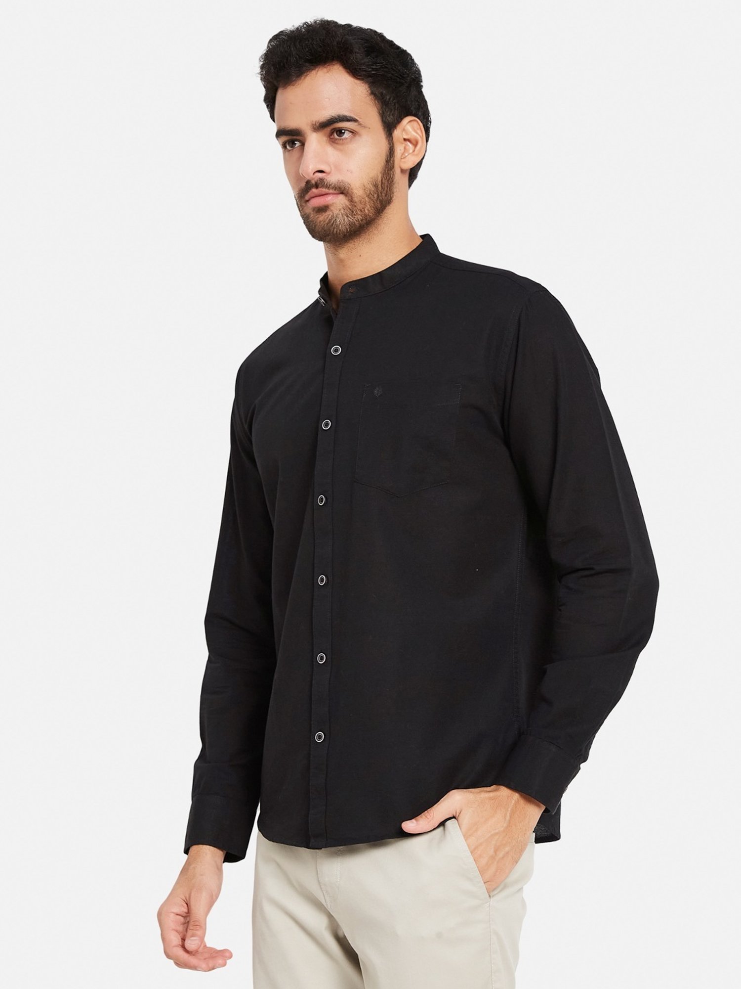 METTLE Black Cotton Regular Fit Shirt