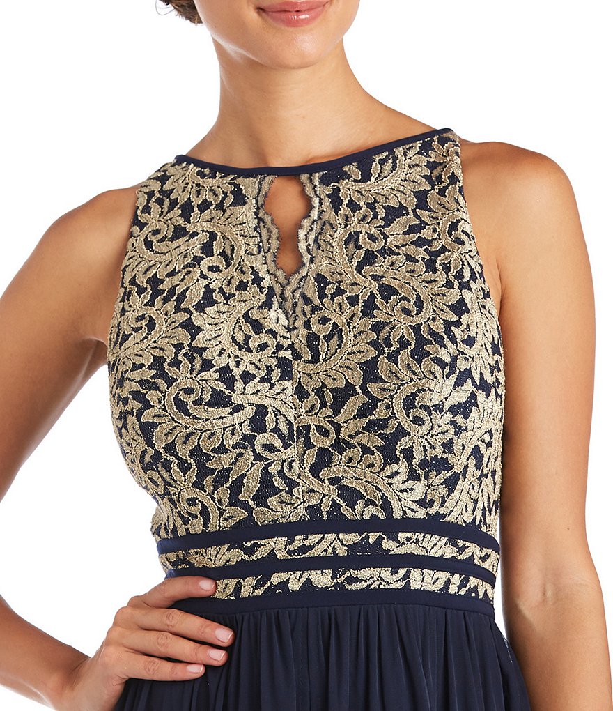 R & M Richards Sleeveless Glitter Lace Keyhole Halter Dress