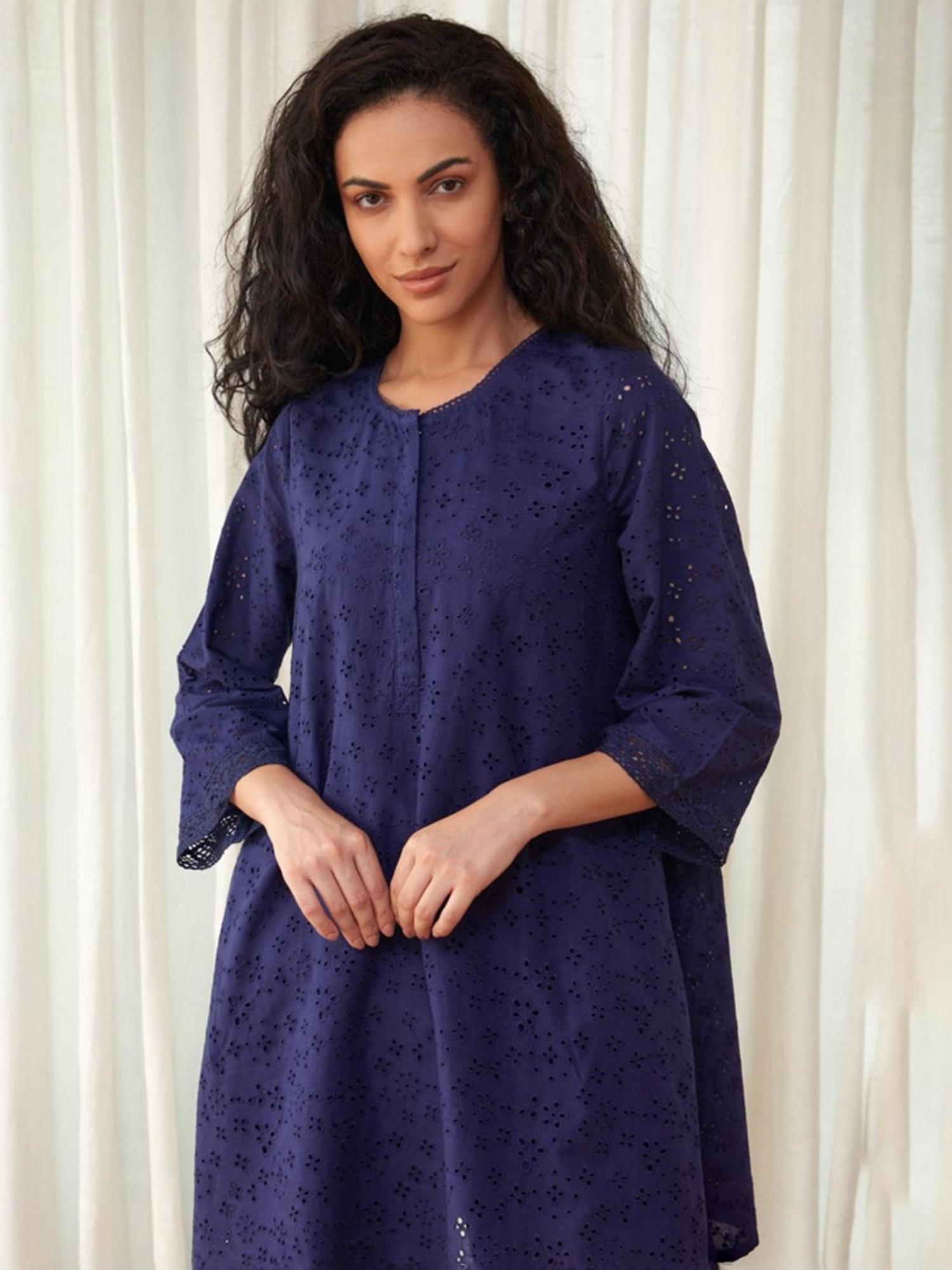 Bombay Bloom Midnight Blue Flared Cutwork Cotton Tunic with Pant Co-ord Set