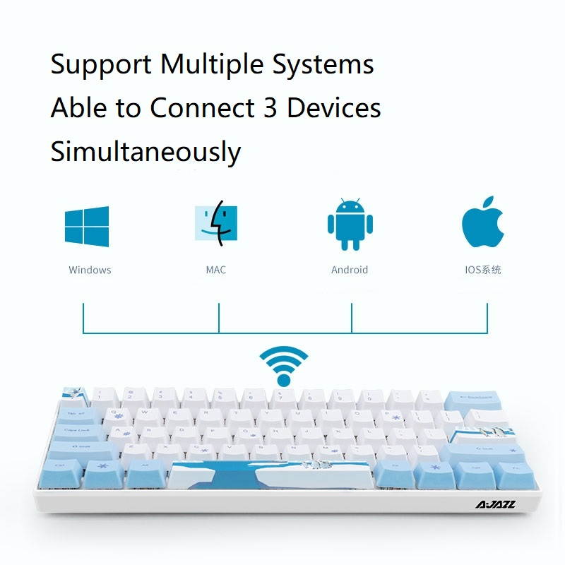 A-jazz AK61 Bluetooth Wireless and  USB Wired Dual Connectivity Mechanical Gaming Keyboard, Durable ABSKeycaps, White Backlit -Blue Switch( White )